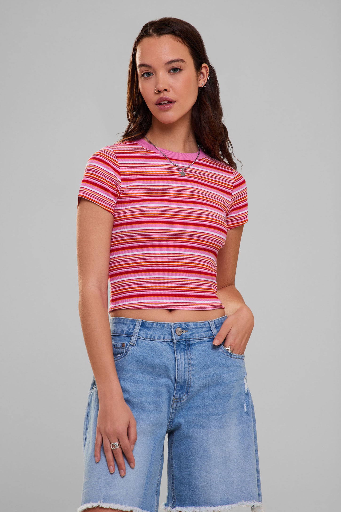 T-shirt côtelé coupe ajustée - Femme && ROSE MULTI
