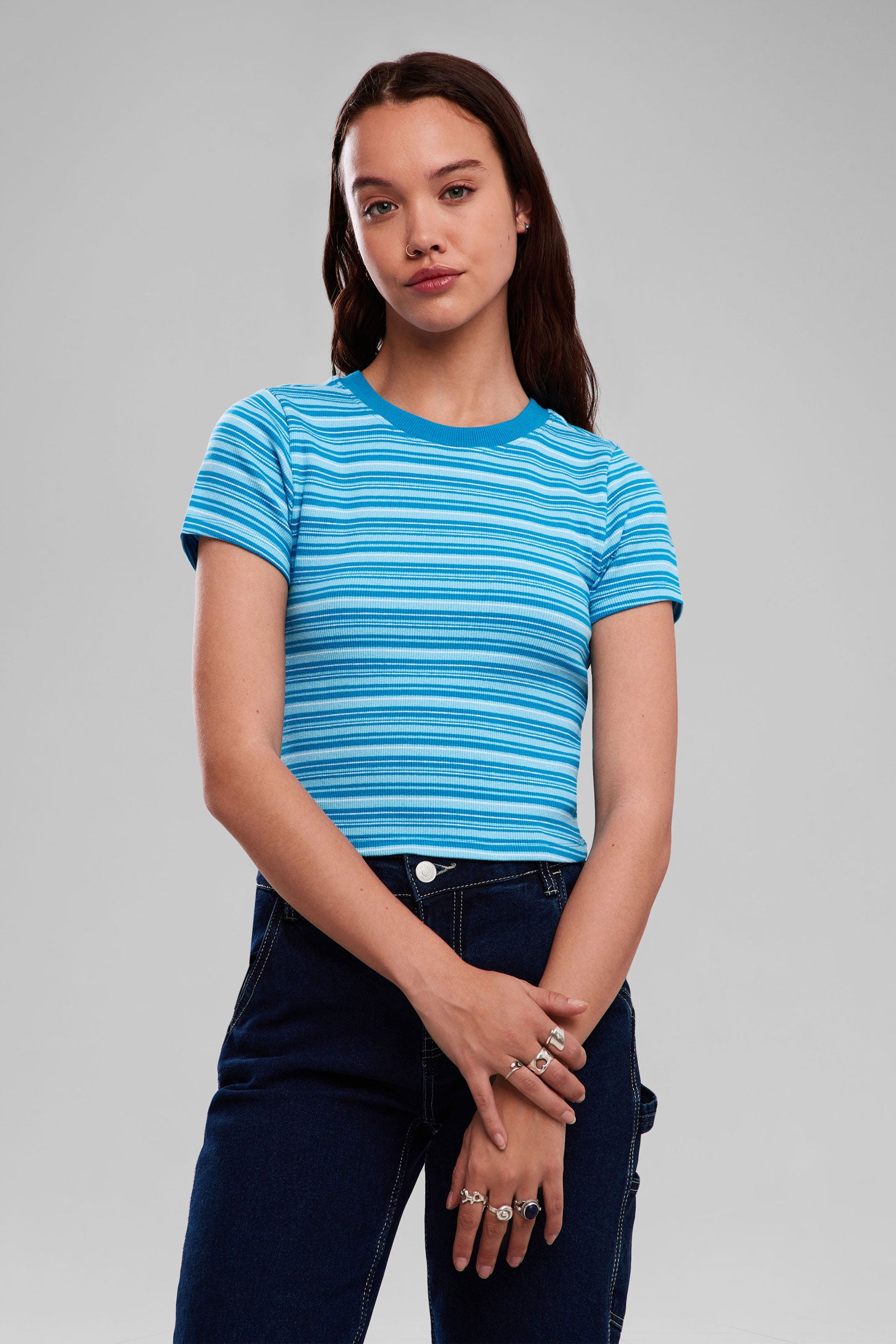 T-shirt côtelé coupe ajustée - Femme && BLEU MULTI