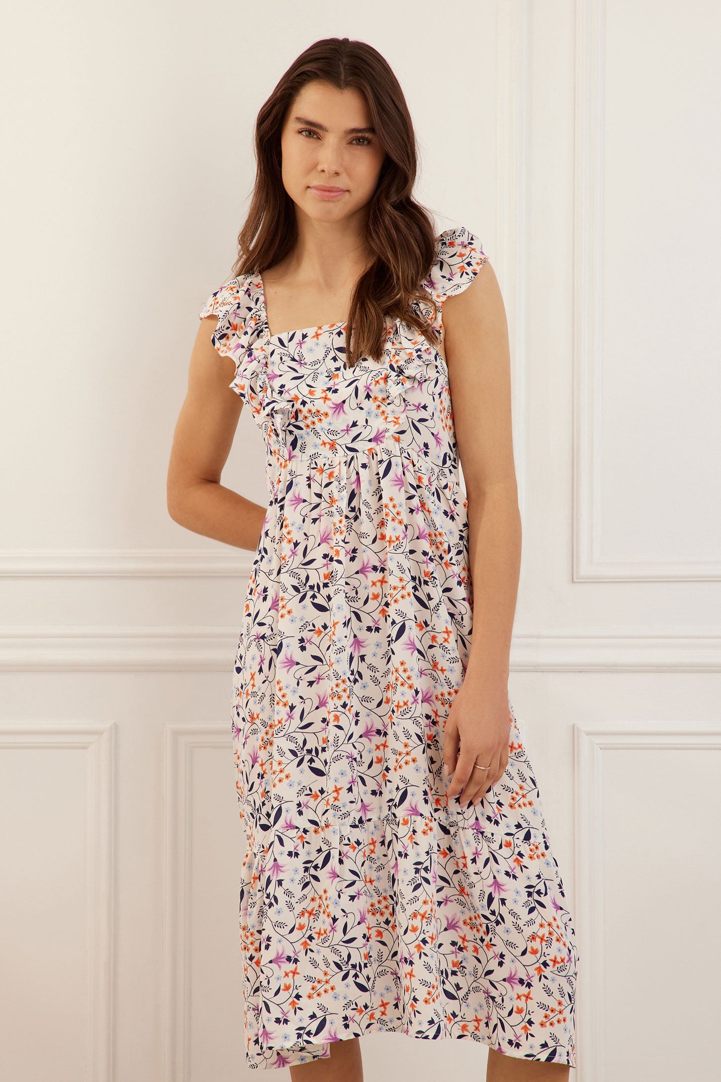 Robe bretelles à volants imprimé floral - Femme && BLANC CASSÉ/MULTI