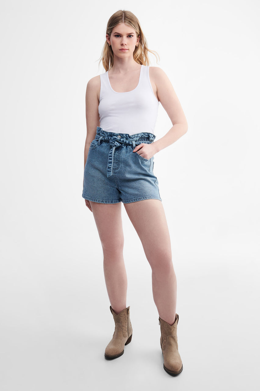 Short Paper-bag taille haute en jeans Femme
