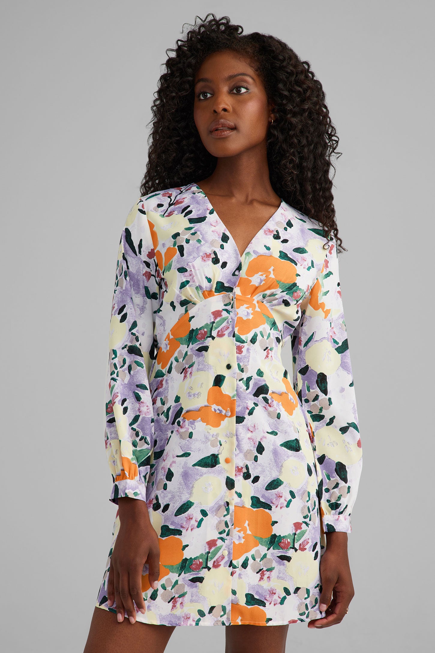 Robe à boutons manches longues imprimée floral - Femme && MULTI