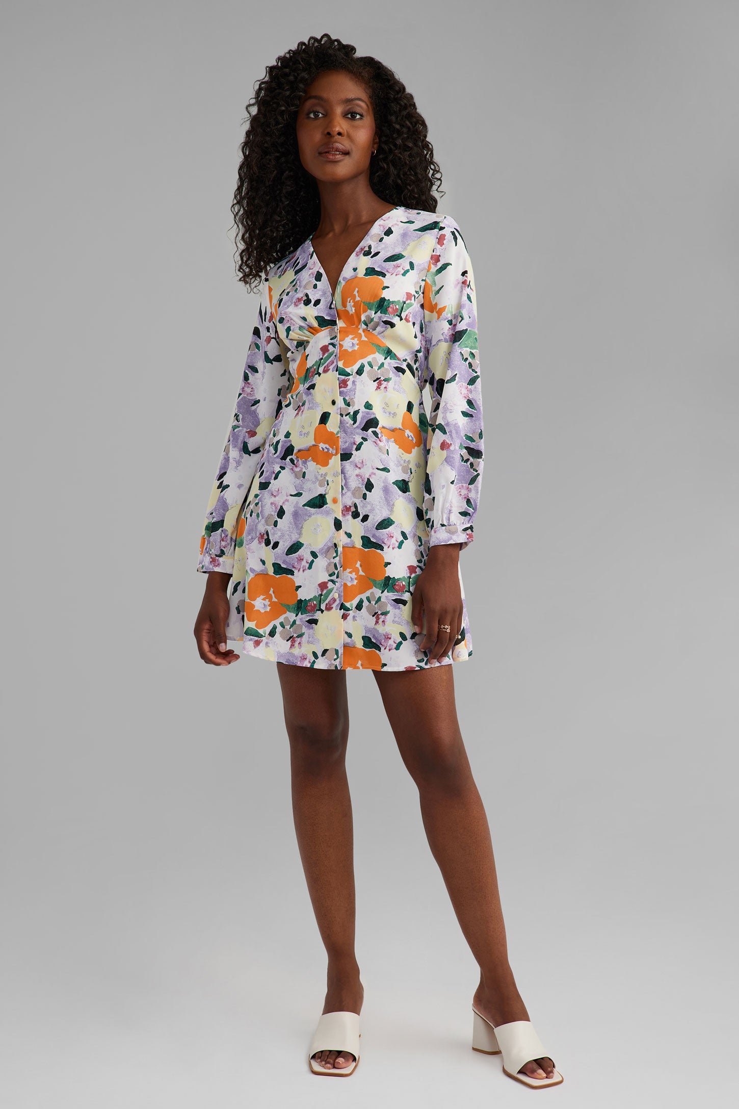 Robe à boutons manches longues imprimée floral - Femme && MULTI