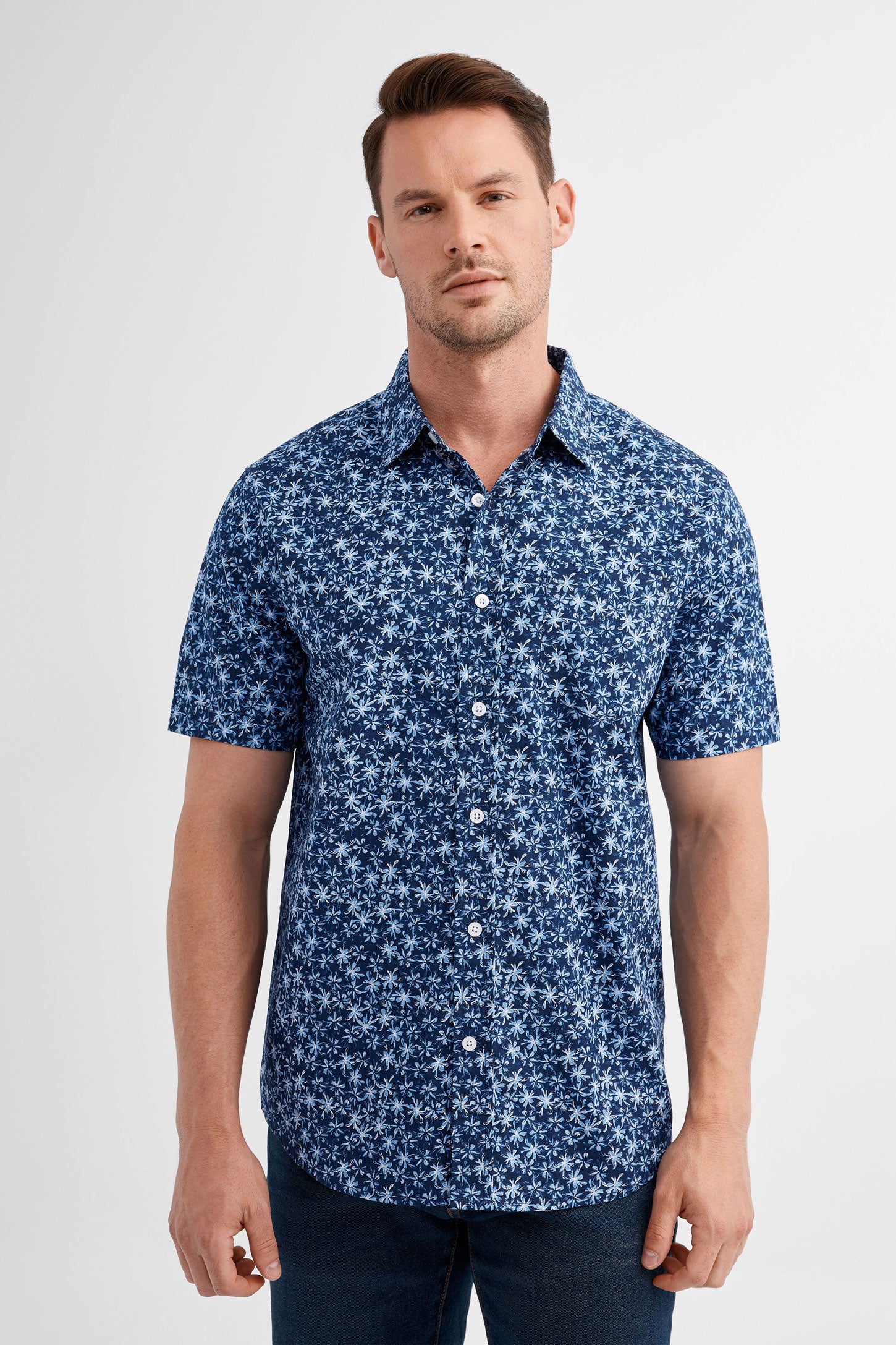 Chemise manches courtes imprimée en coton - Homme && BLEU MARINE MUL