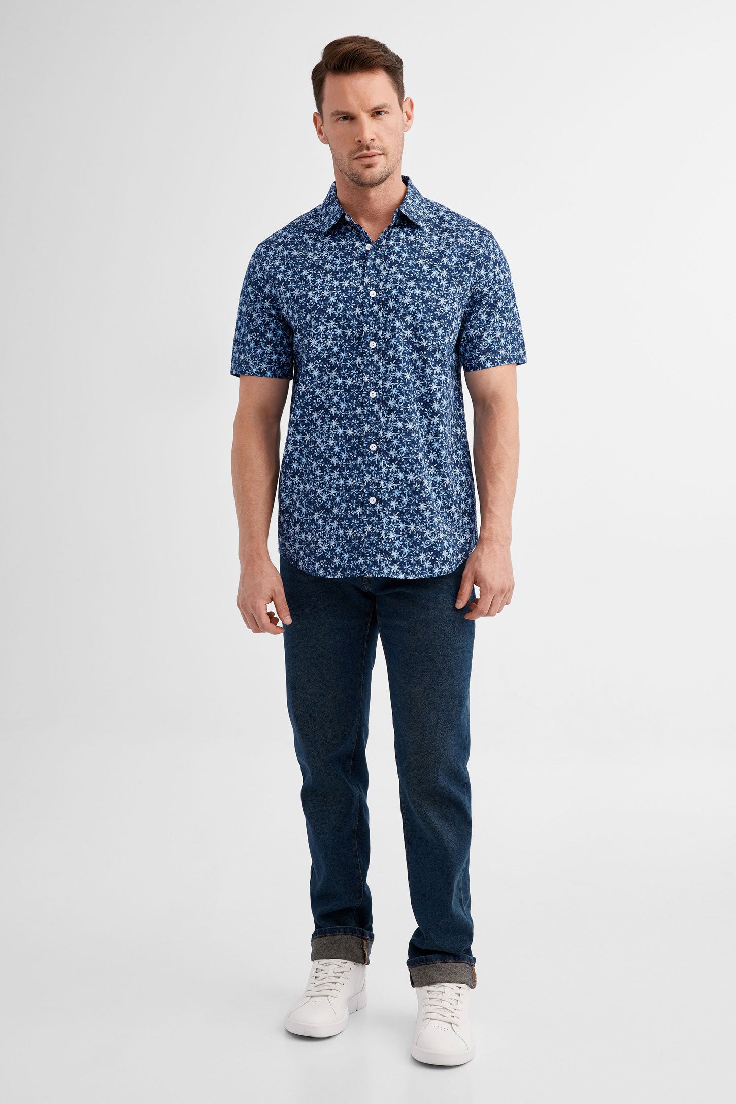 Chemise manches courtes imprimée en coton - Homme && BLEU MARINE MUL