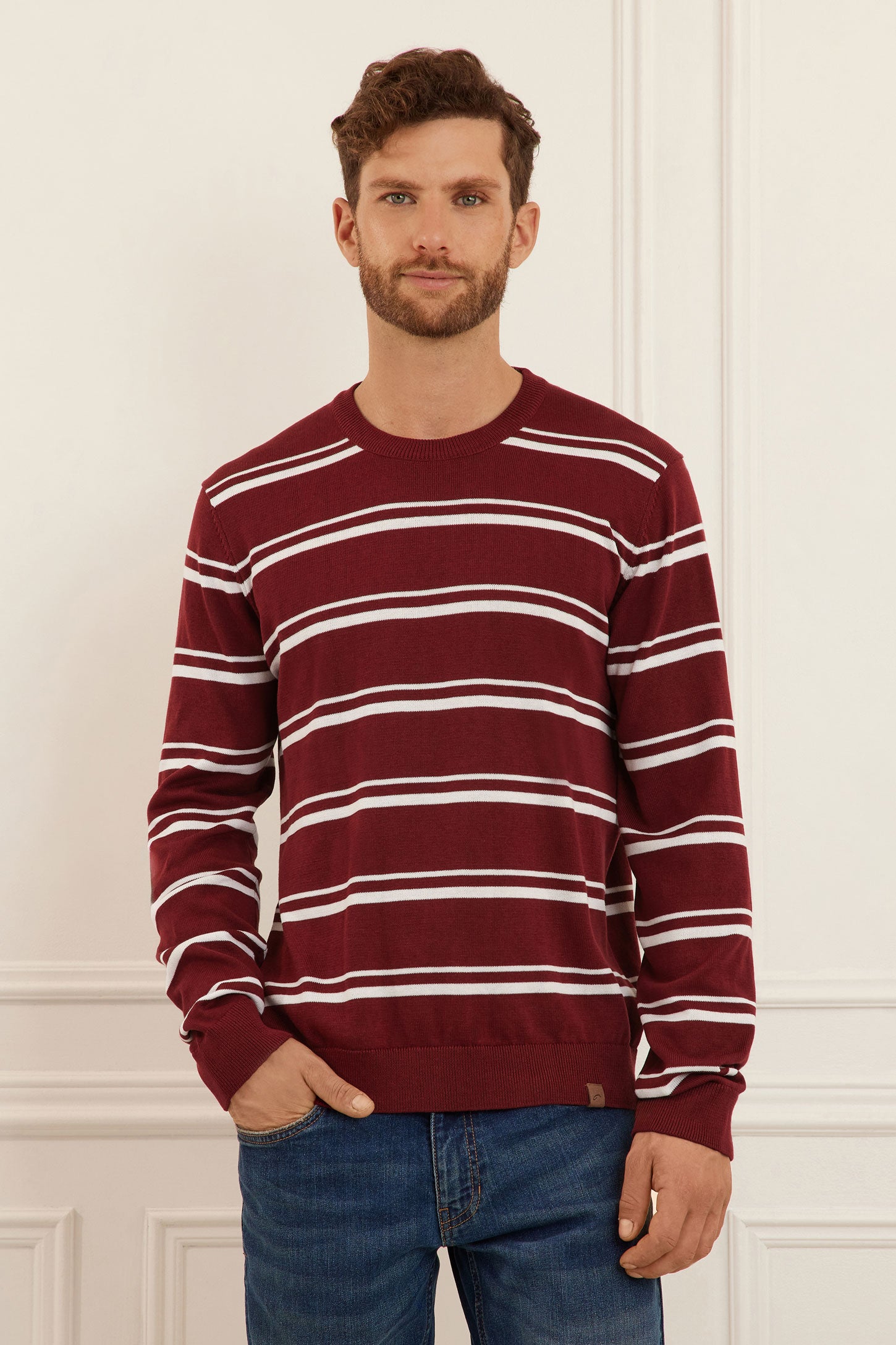 Chandail tricot manches longues rayé - Homme && BOURGOGNE