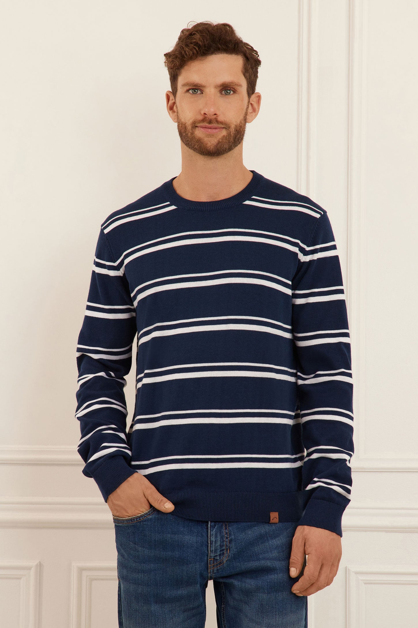 Chandail tricot manches longues rayé - Homme && BLEU FONCE