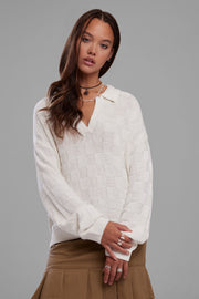 Polo manches longues en tricot - Femme && BLANC CASSÉ