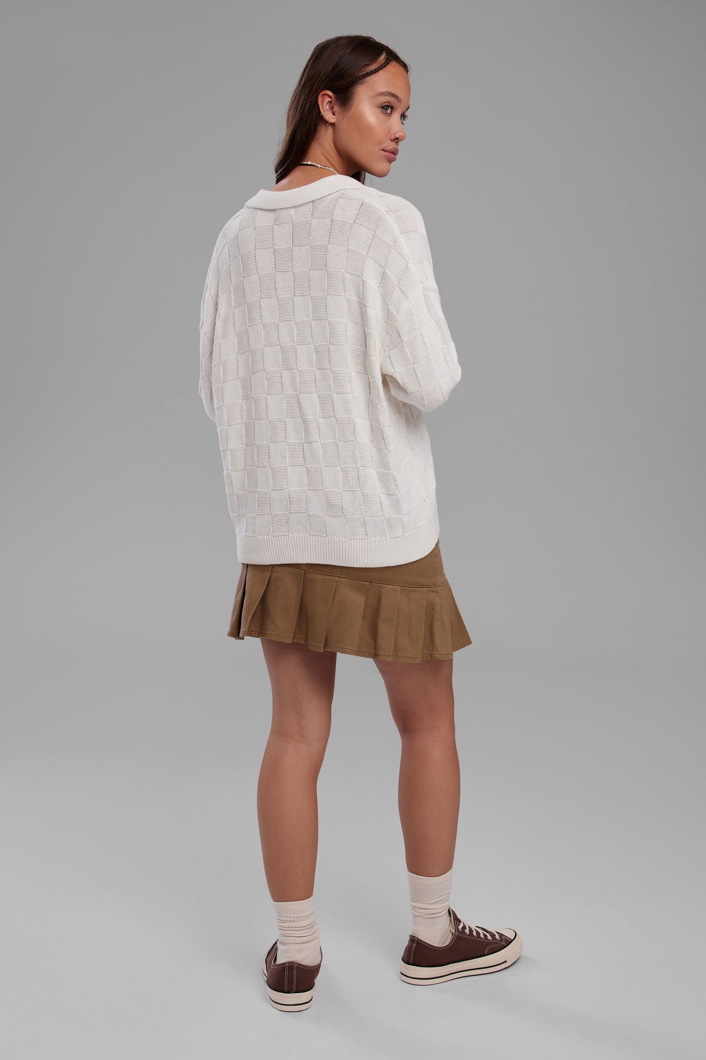 Polo manches longues en tricot - Femme && BLANC CASSÉ