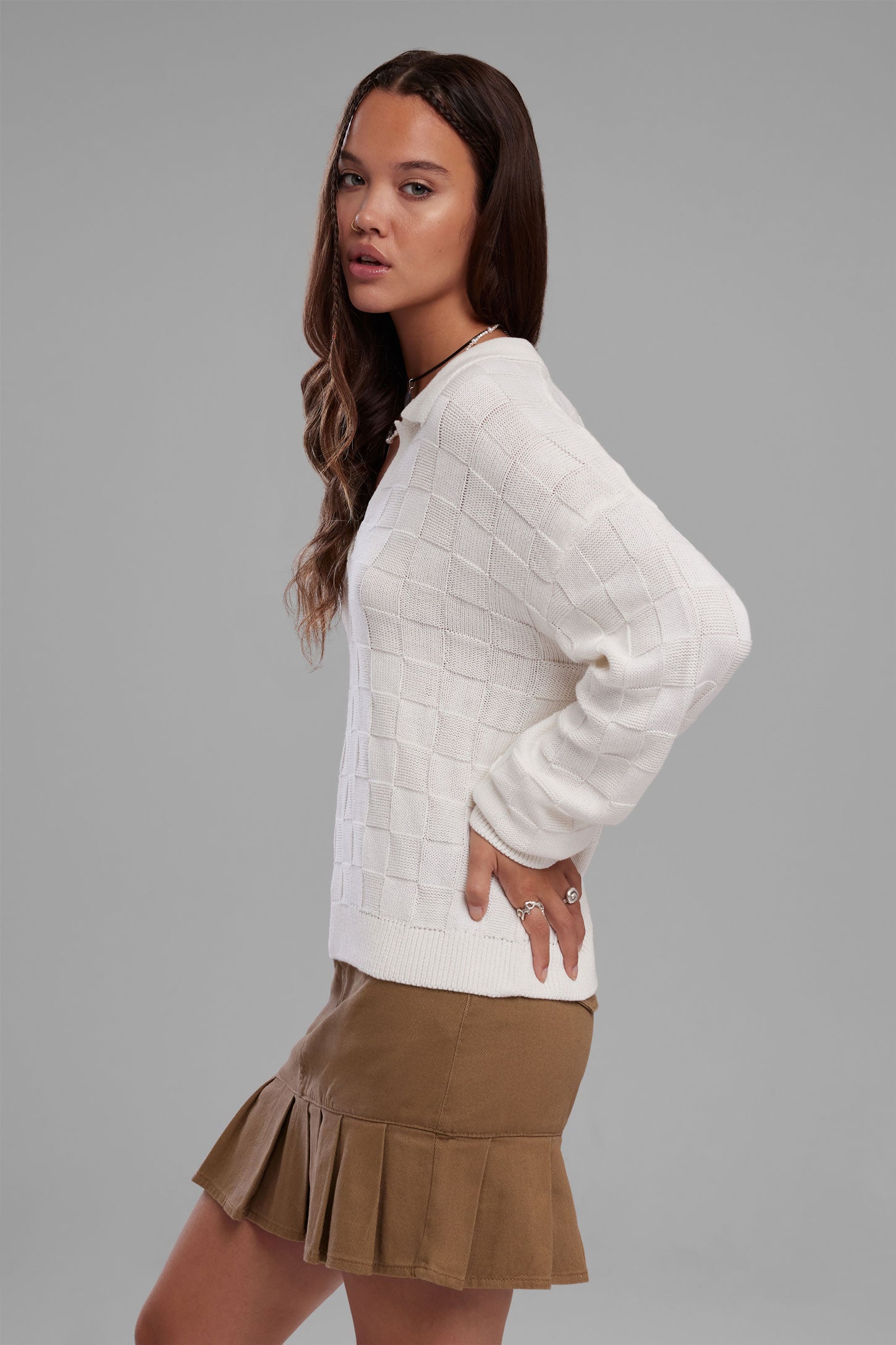 Polo manches longues en tricot - Femme && BLANC CASSÉ