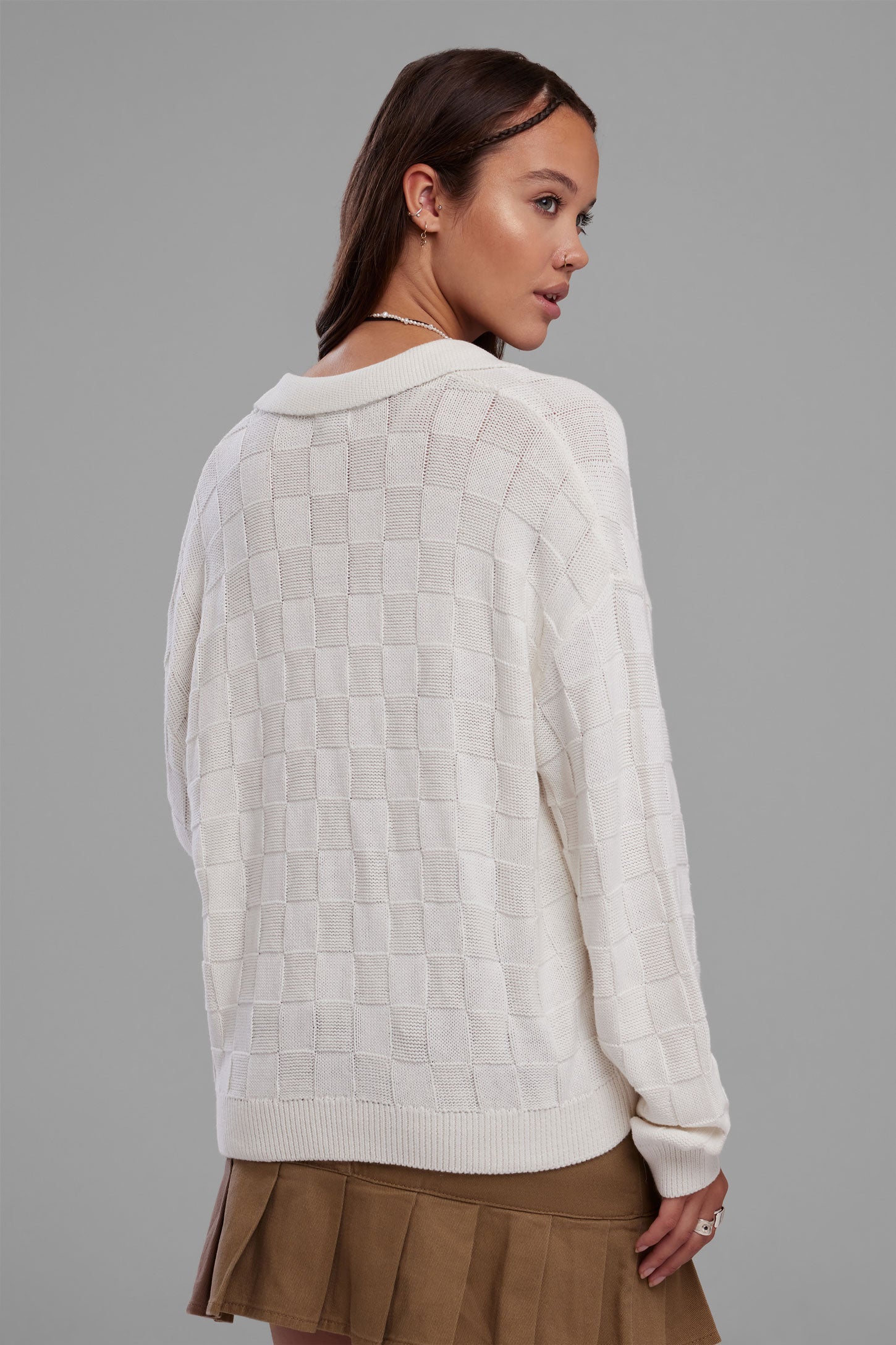 Polo manches longues en tricot - Femme && BLANC CASSÉ