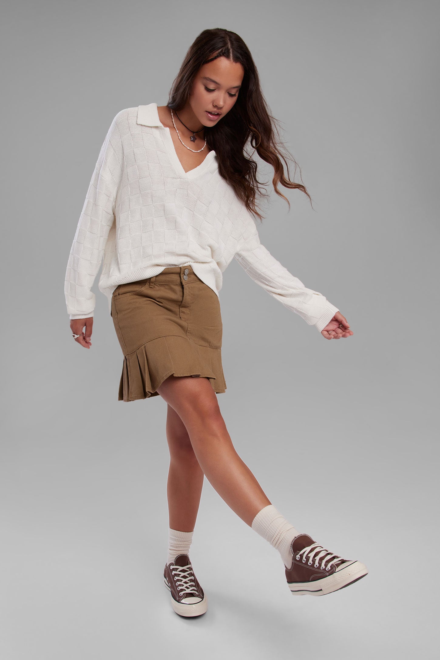 Polo manches longues en tricot - Femme && BLANC CASSÉ