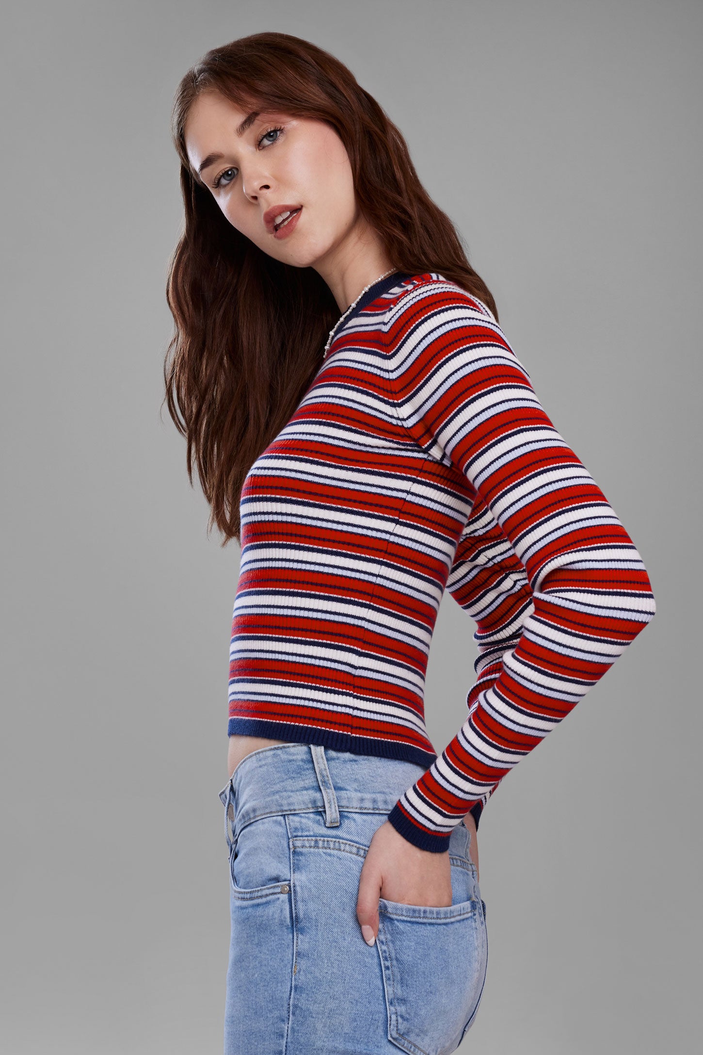 Chandail tricot côtelé ajusté - Femme && ROUGE/MULTI