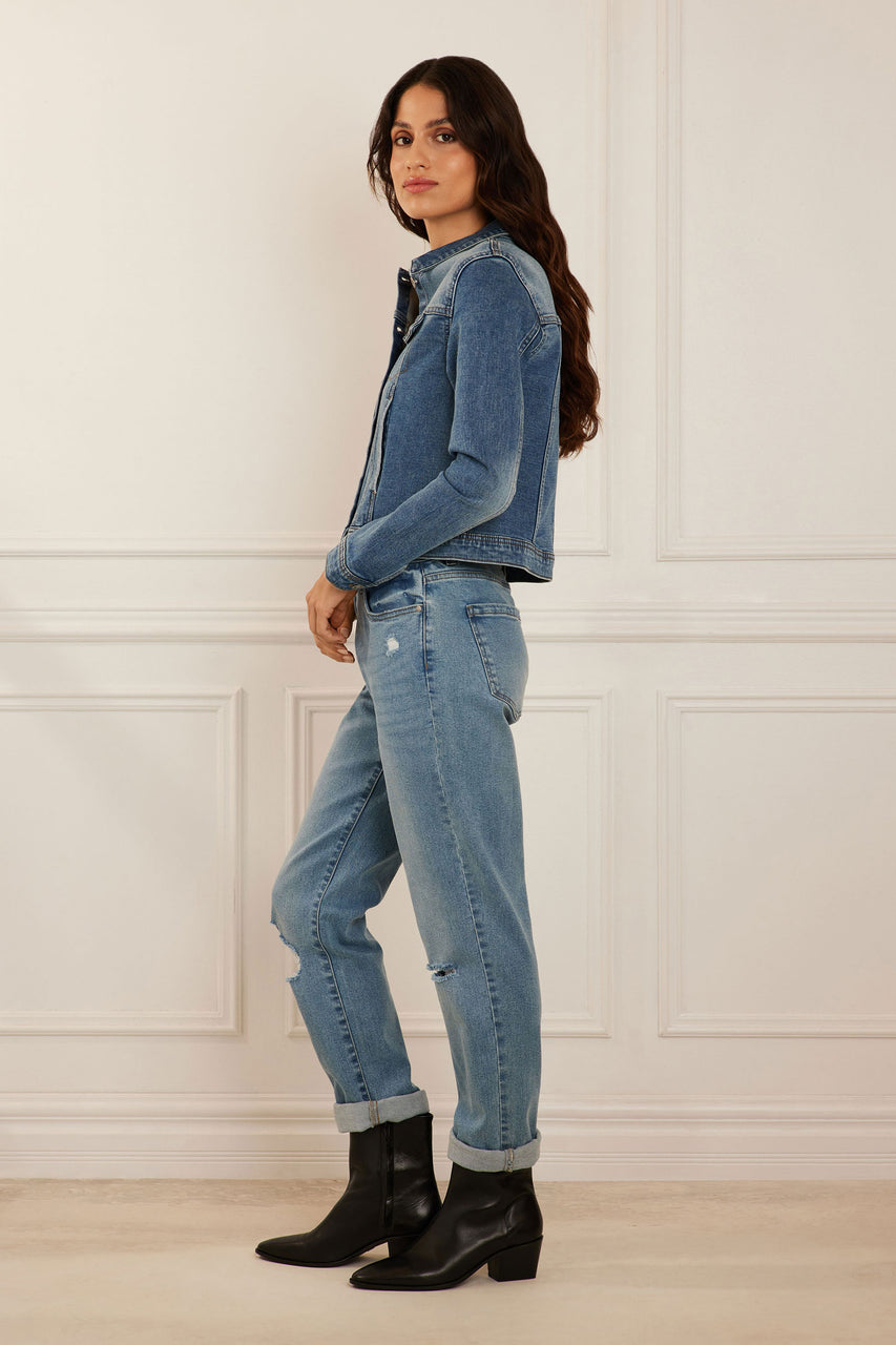 Ensemble pantalon et veste en jean à poche à rabat bicolore, Mode en ligne