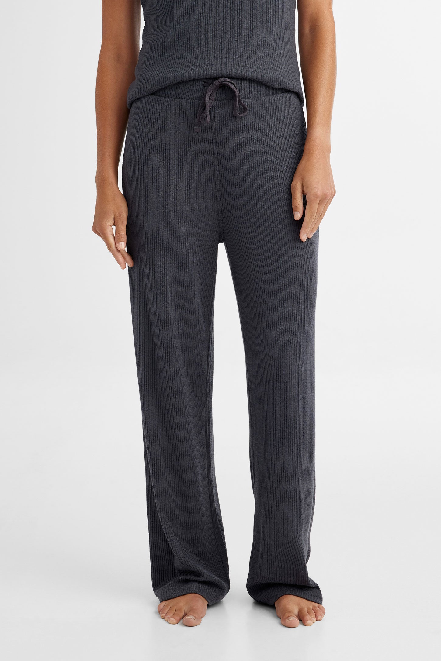 Straight Grey Pants for Women with Elastic Waistband and Zipper
