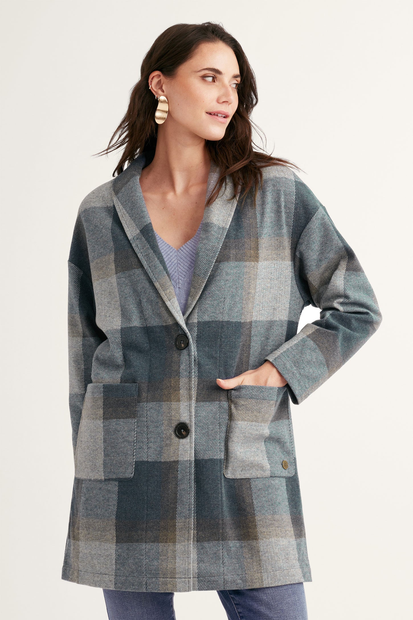 Veston col châle en tricot jacquard à carreaux - Femme && BLEU MULTI