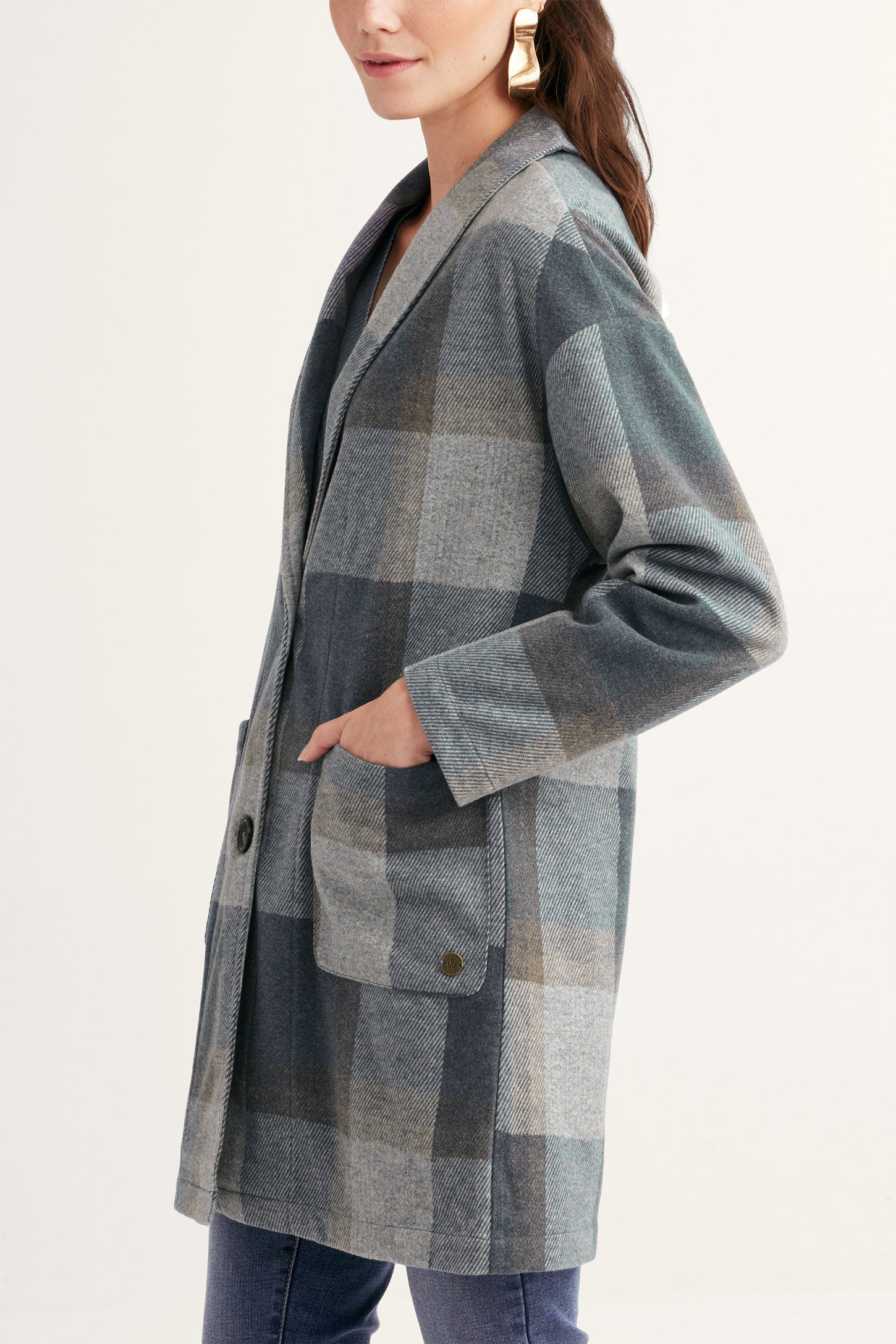 Veston col châle en tricot jacquard à carreaux - Femme && BLEU MULTI