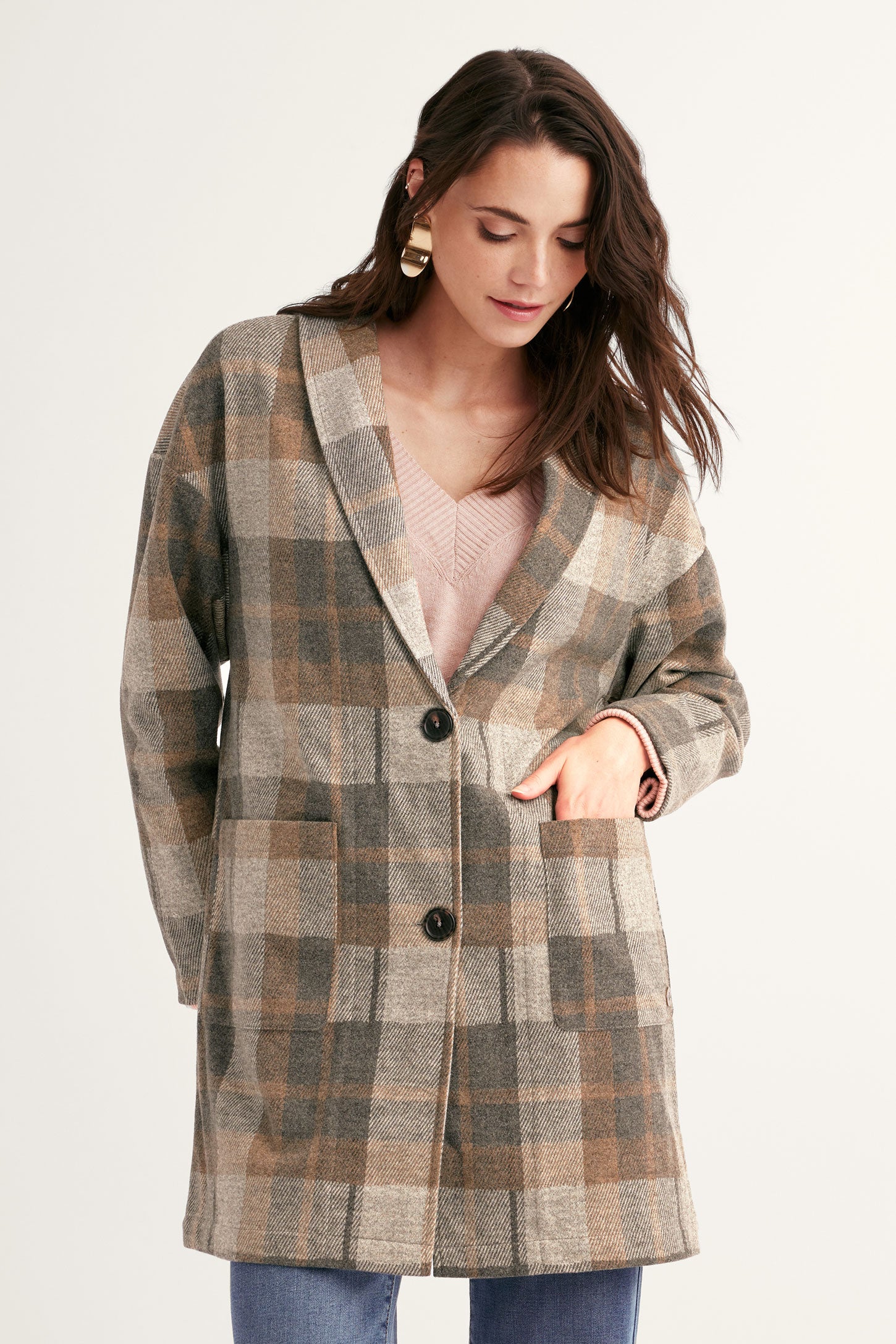 Veston col châle en tricot jacquard à carreaux - Femme && GRIS MULTI
