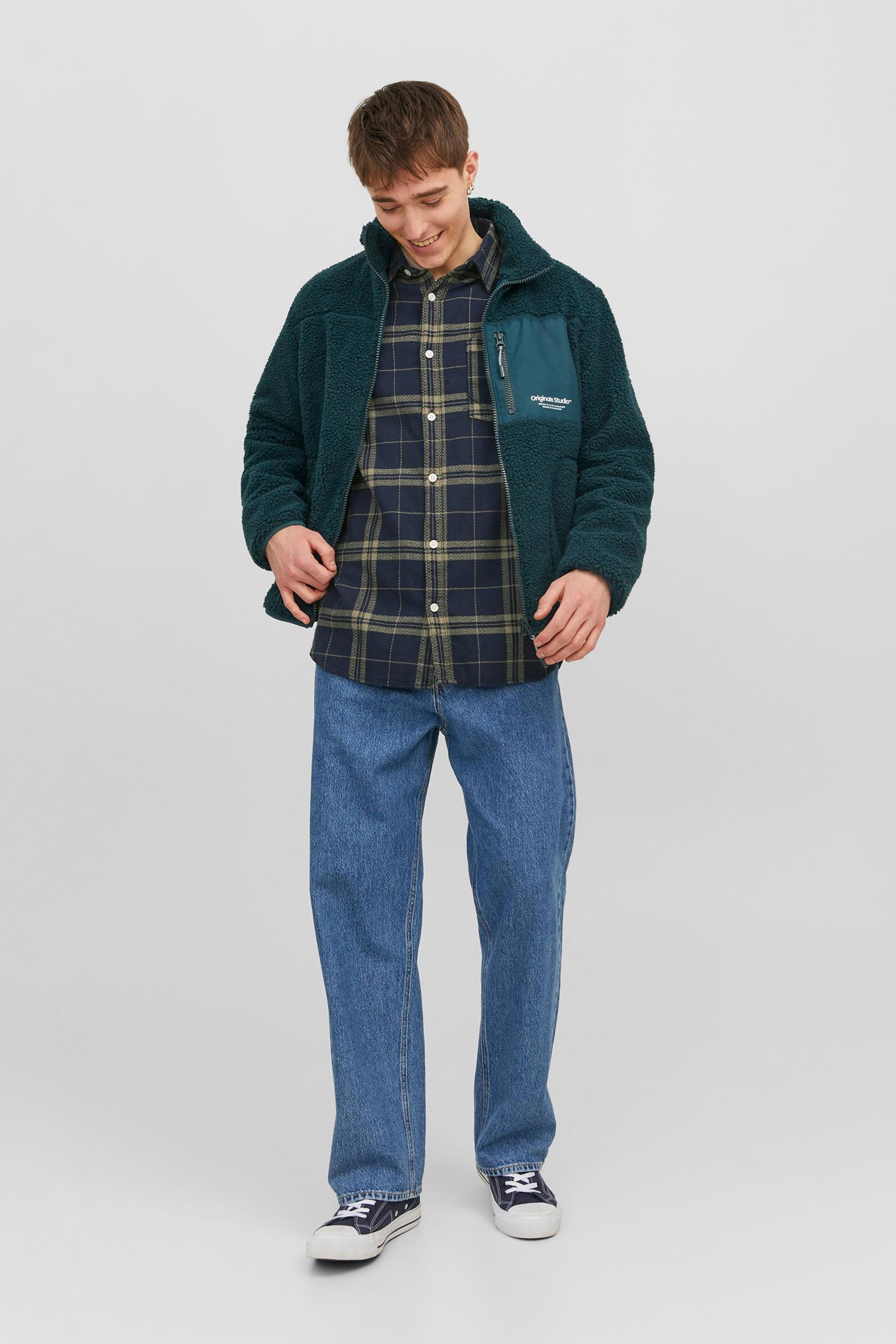 Chemise à carreaux en coton JACK & JONES - Homme && MARIN