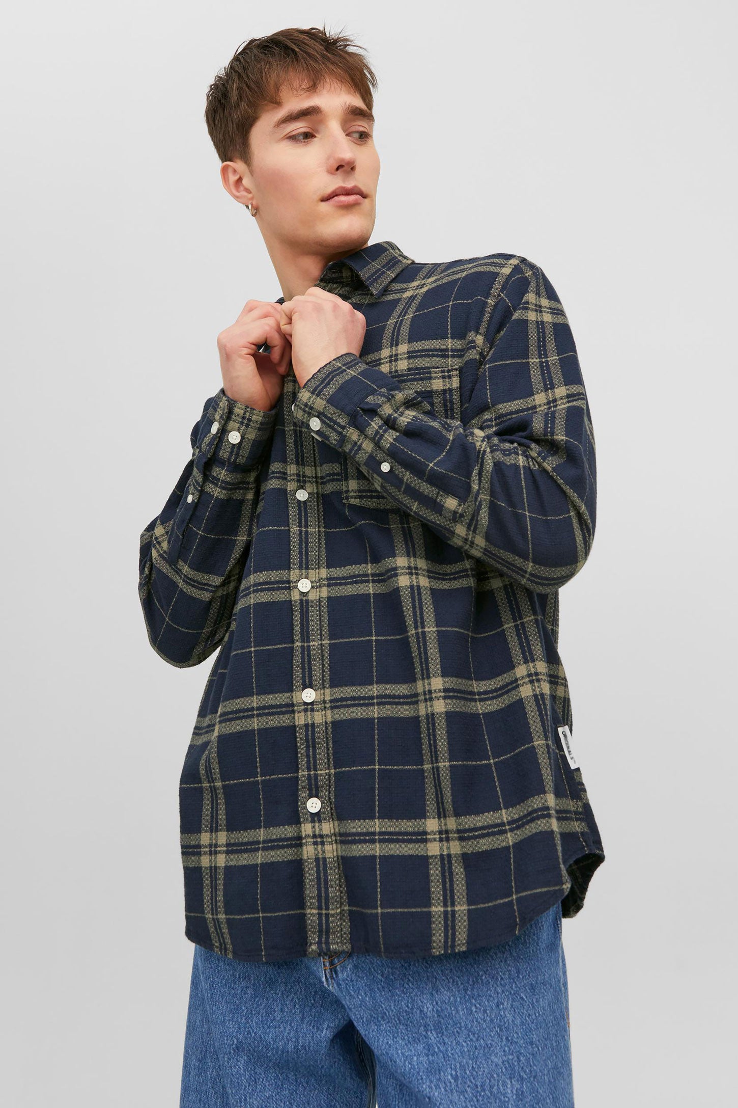 Chemise à carreaux en coton JACK & JONES - Homme && MARIN