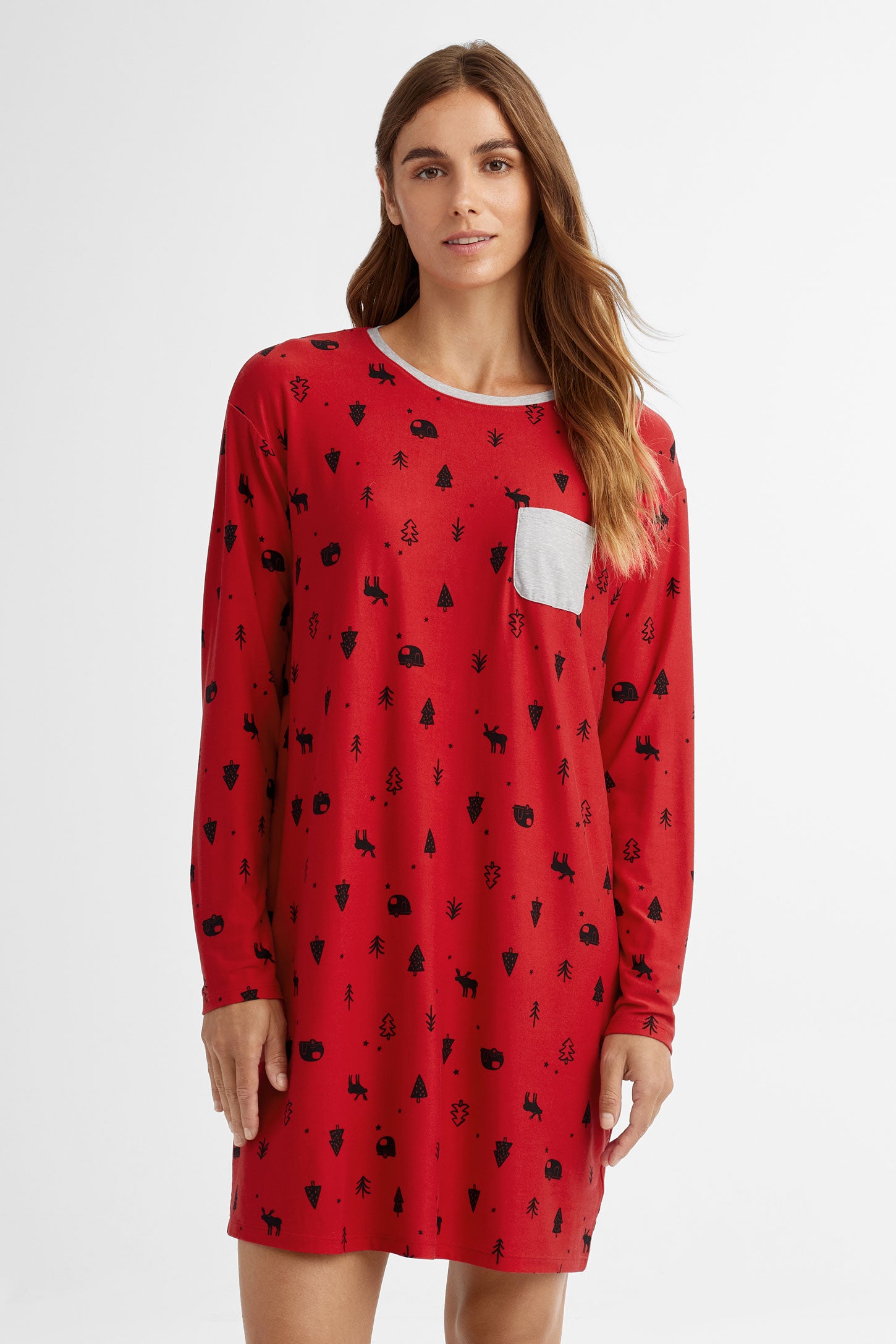 Robe de nuit pyjama de Noël en Moss - Femme && ROUGE/MULTI