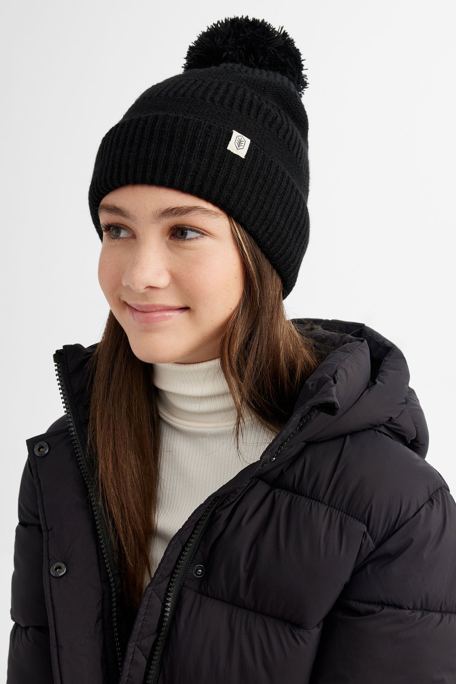 Tuque à pompom et revers doublée polar - Ado fille && NOIR