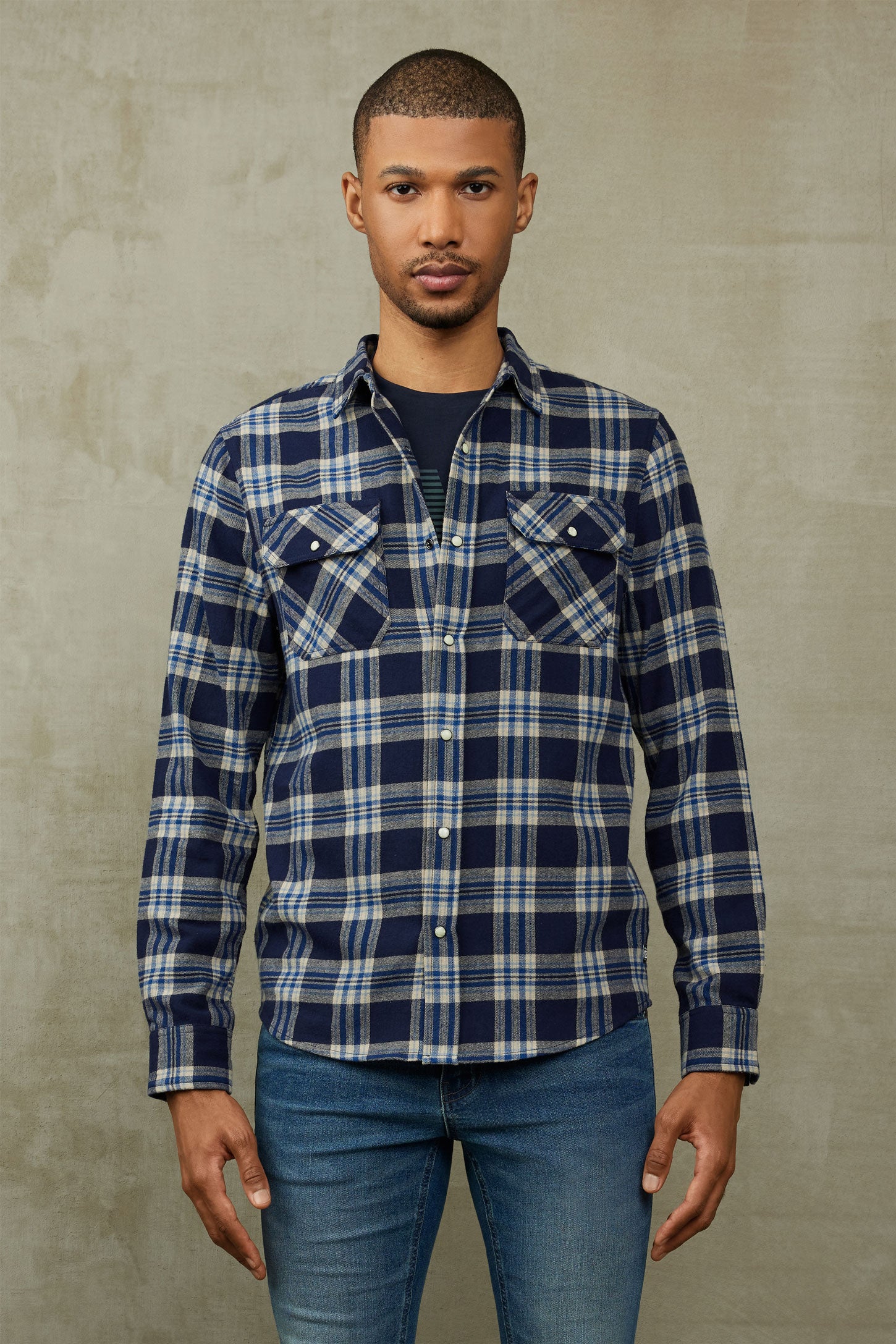 Chemise à carreaux en flanelle - Homme && BLEU