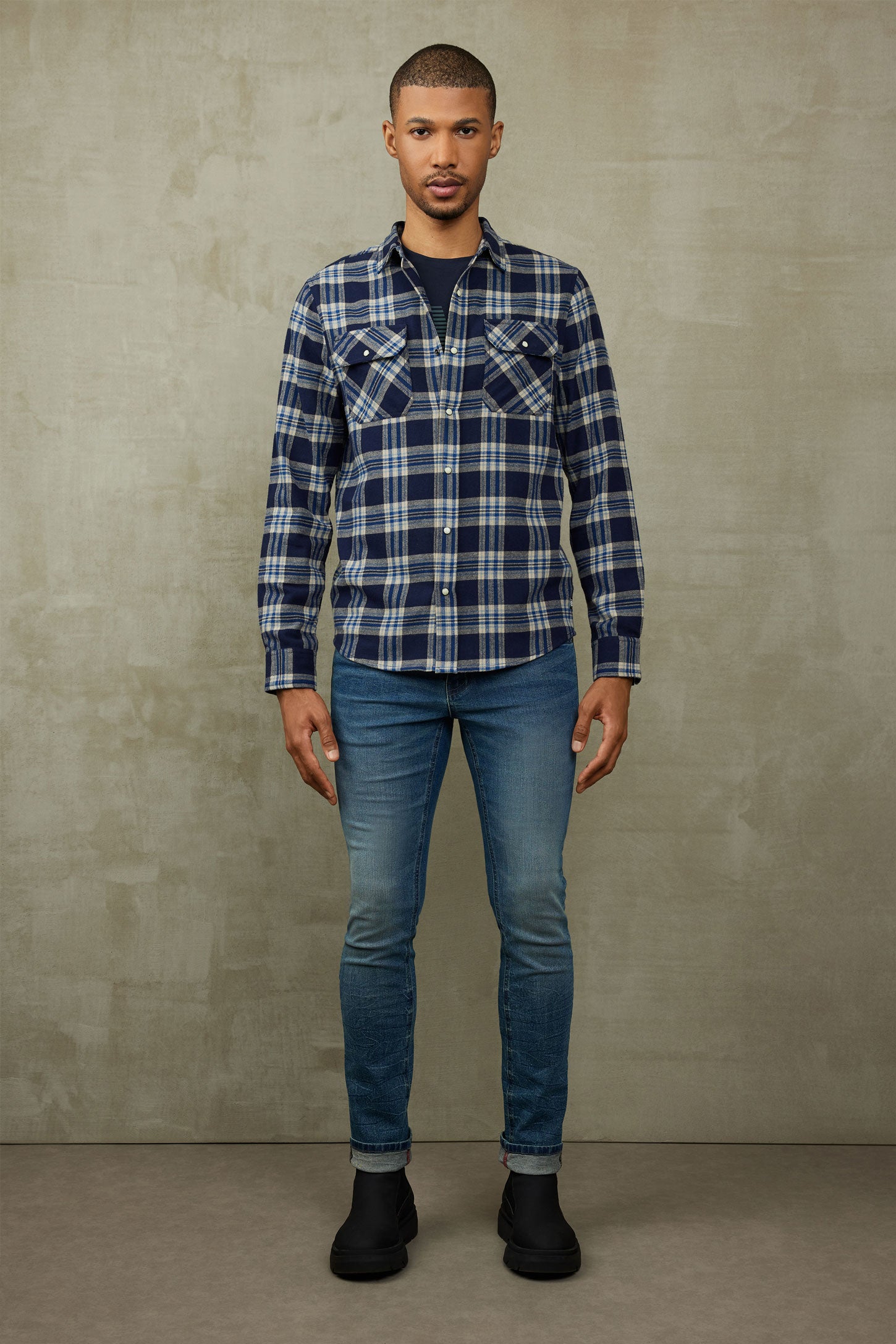 Chemise à carreaux en flanelle - Homme && BLEU