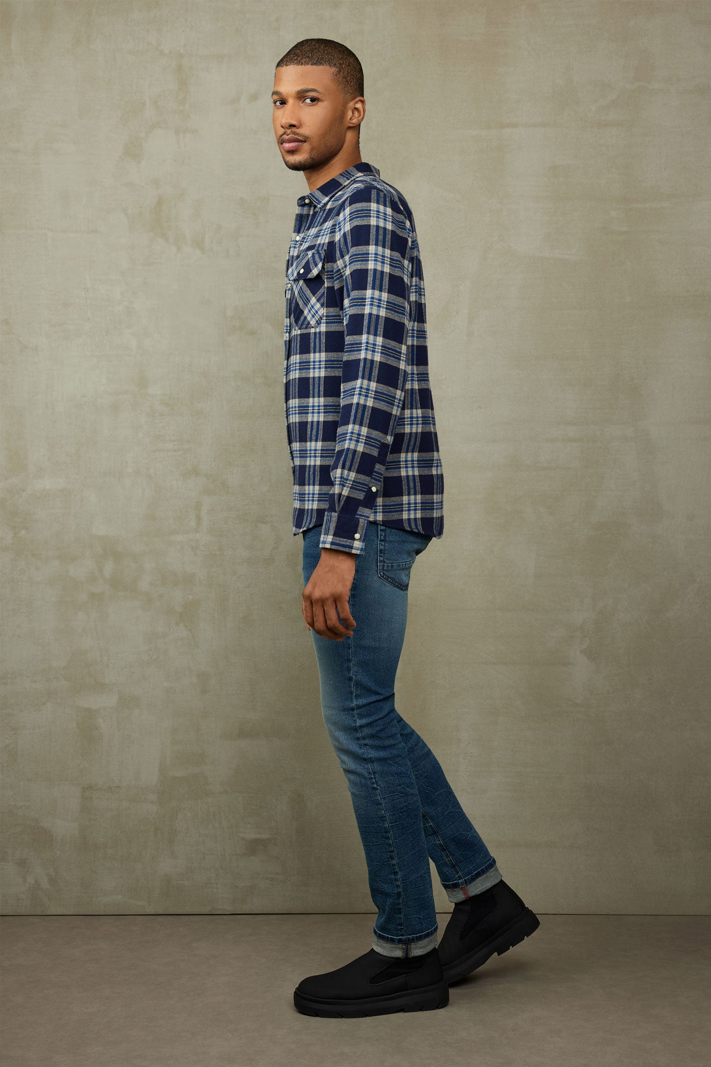Chemise à carreaux en flanelle - Homme && BLEU