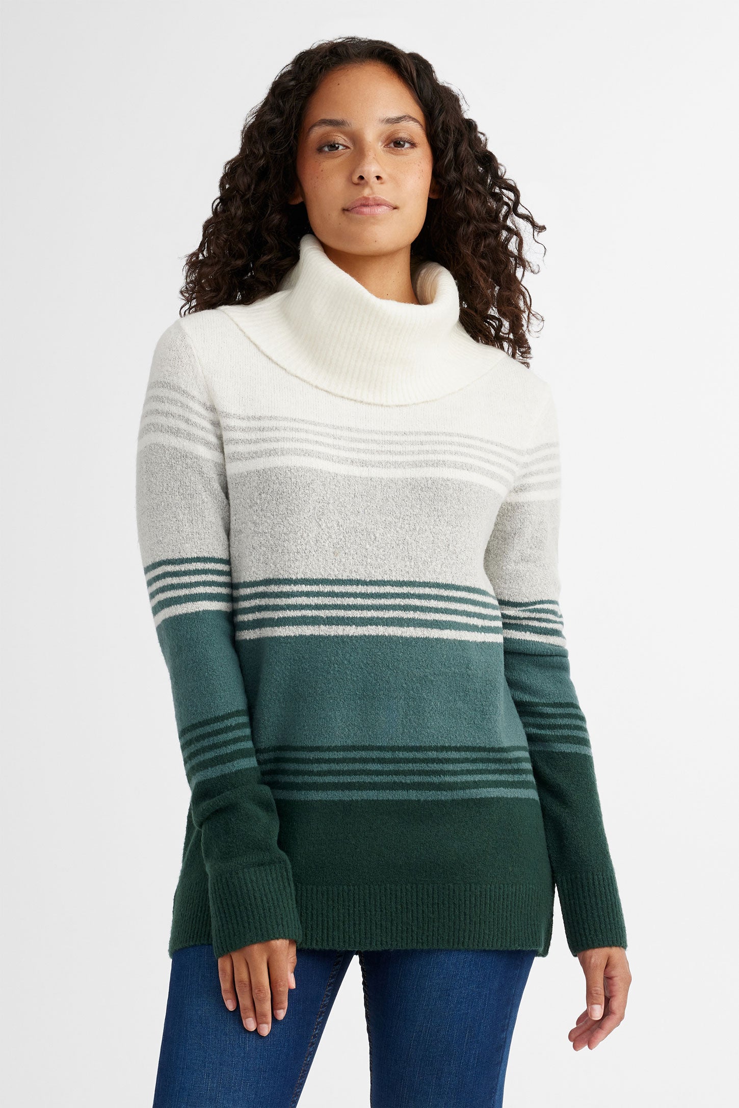 Chandail col roulé en tricot à rayures - Femme && VERT/MULTI