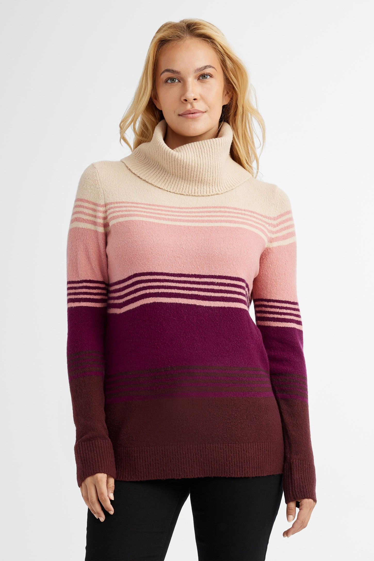 Chandail col roulé en tricot à rayures - Femme && FUCHSIA MULTI