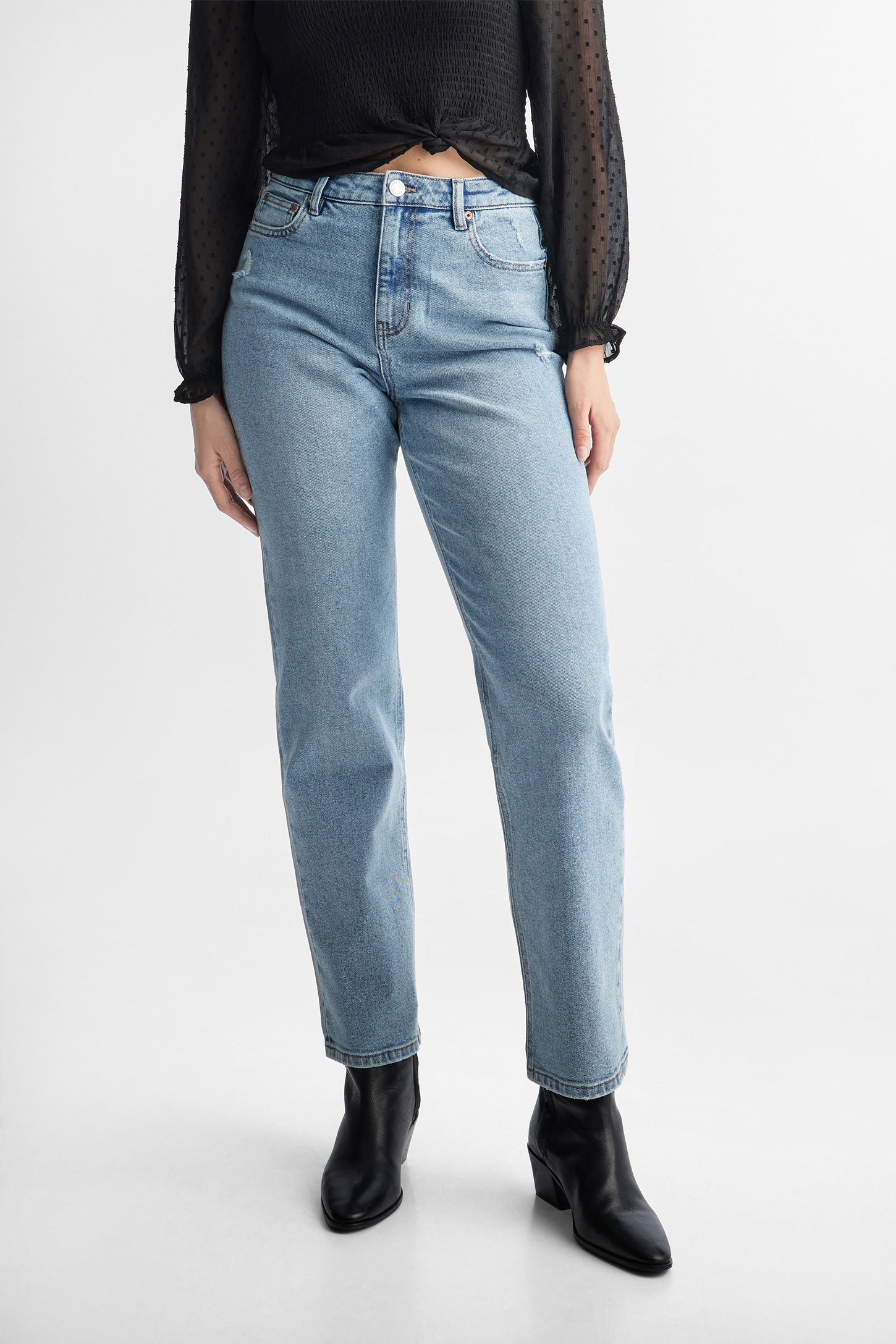 Jeans coupe ''Mom'' taille haute - Femme && DENIM PALE