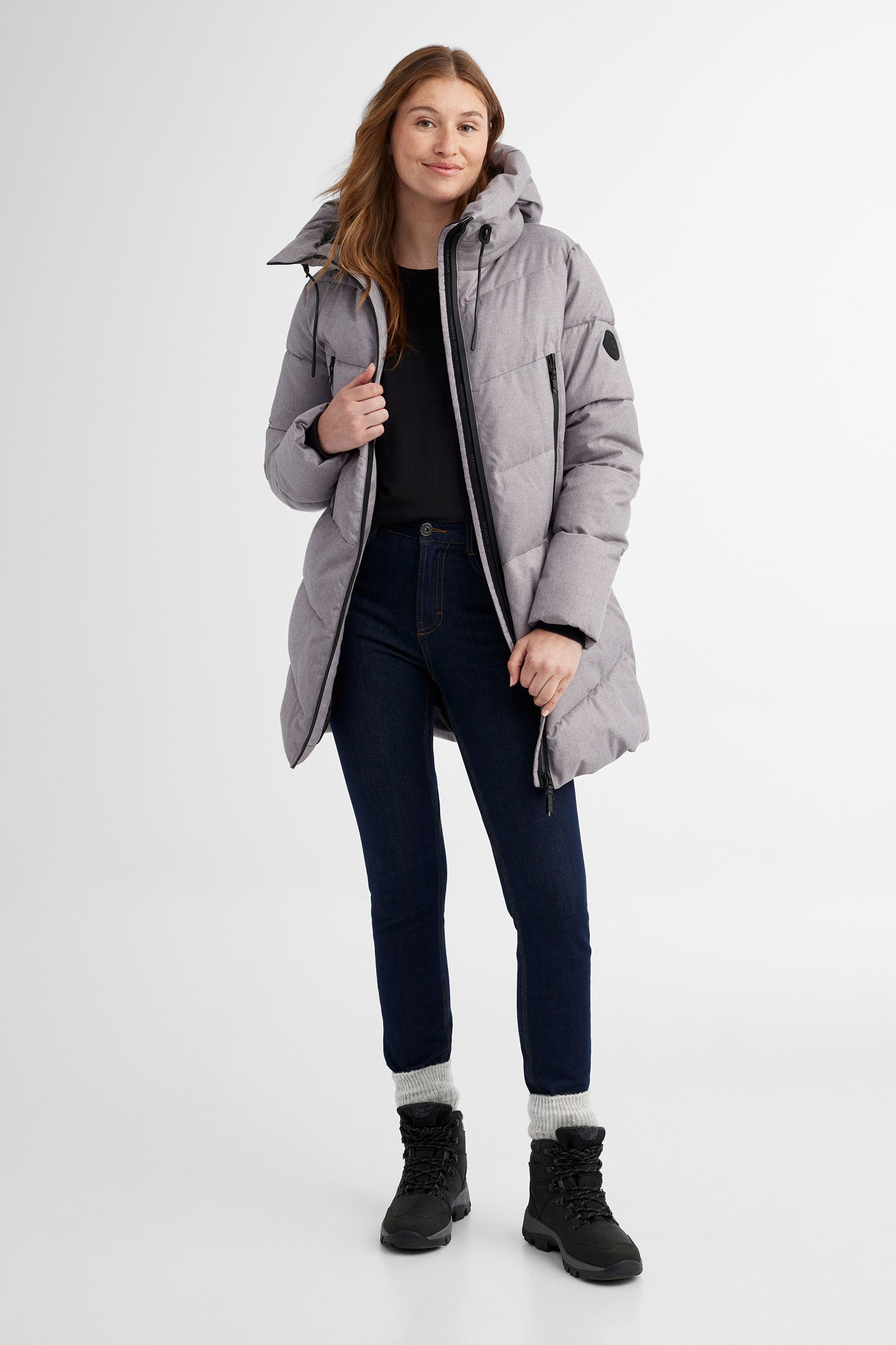 Manteau d'hiver matelassé long à capuchon - Femme && GRIS