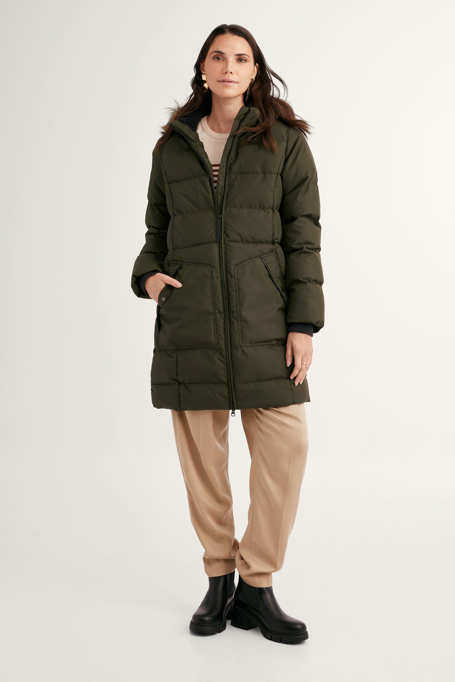 Manteau d'hiver mi-long matelassé - Femme && KAKI