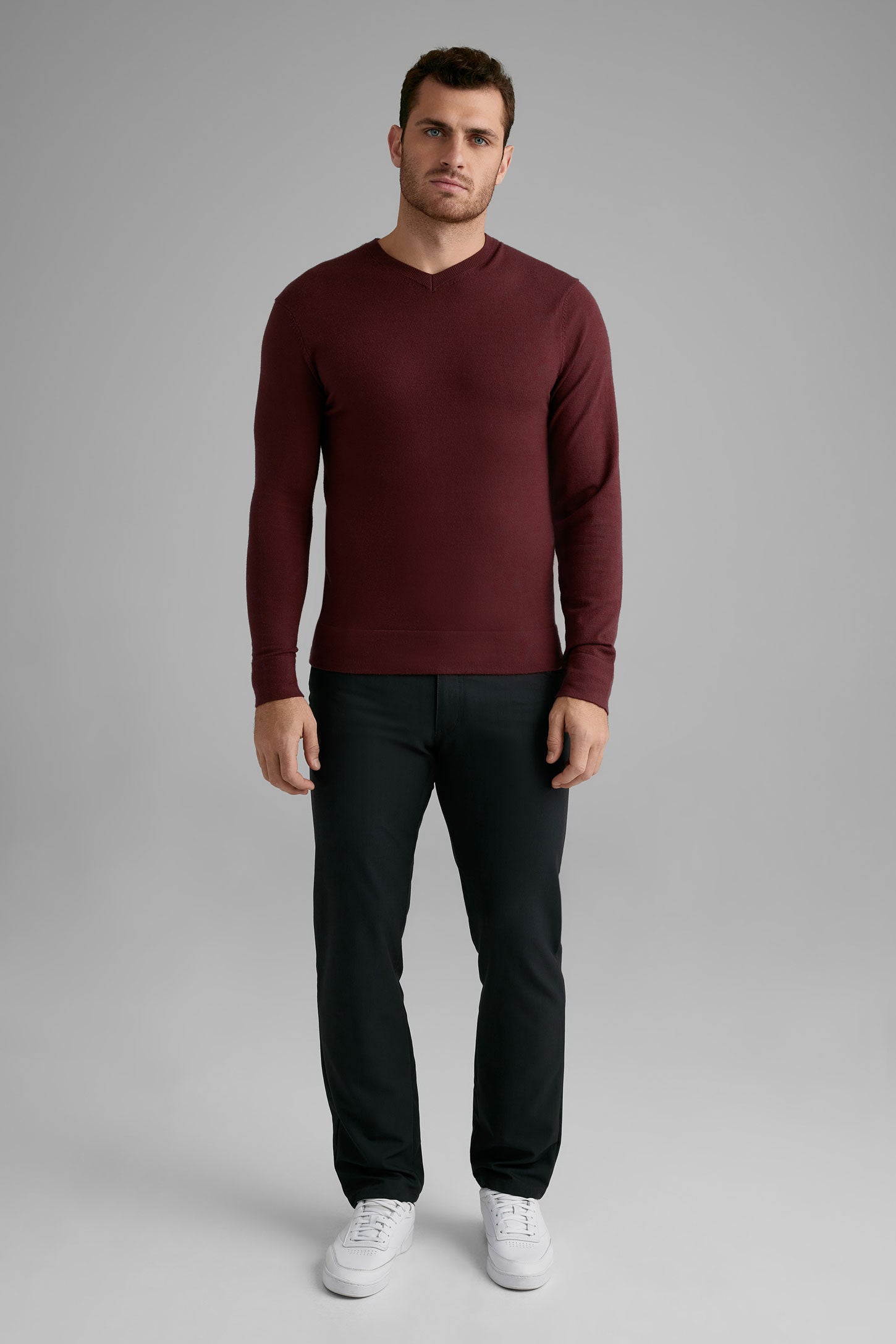 Chandail col en V en tricot - Homme && BOURGOGNE