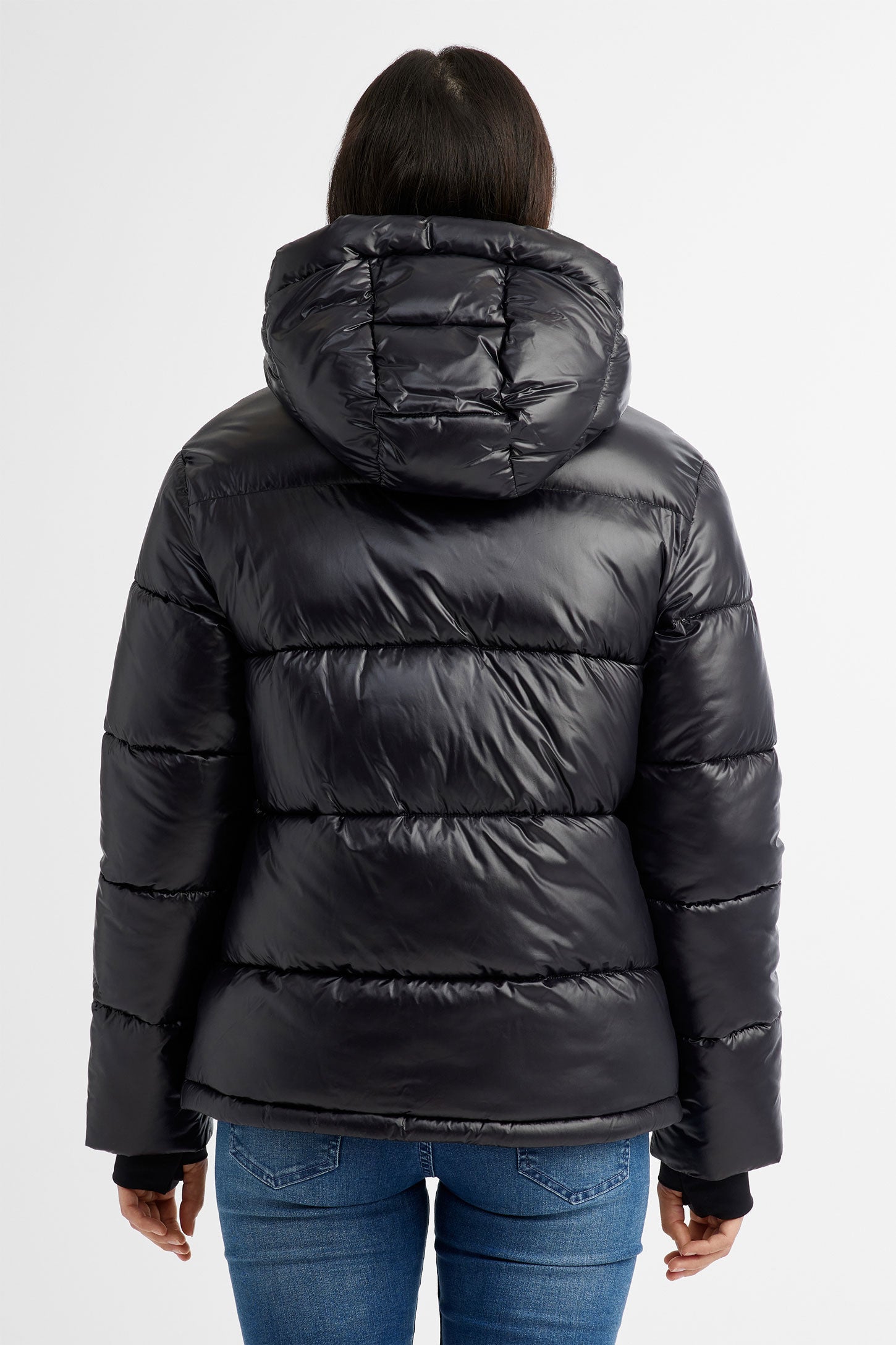 Women's short puffer cheap jacket with fur hood