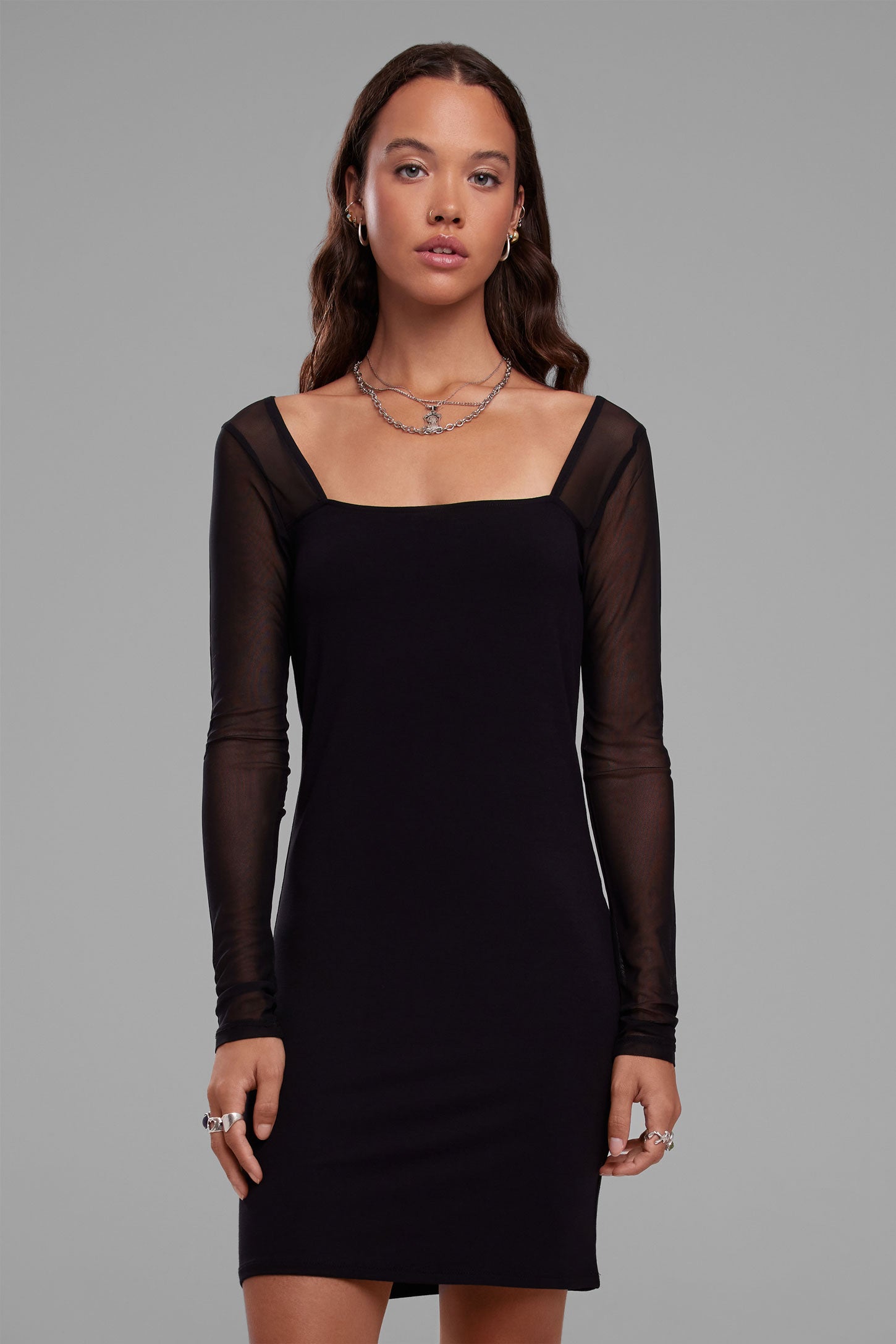 Robe courte ajustée bi-matière - Femme && NOIR