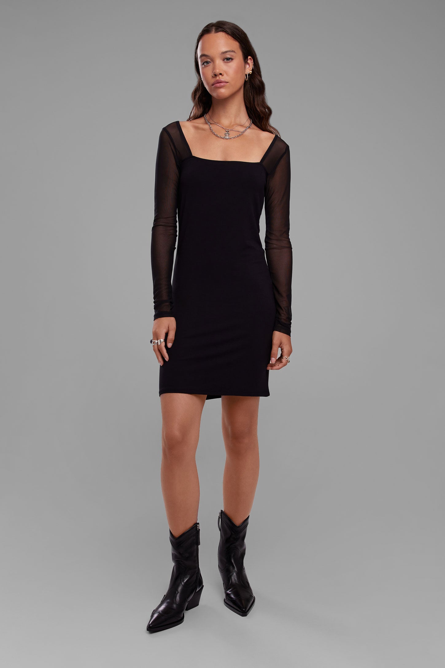 Robe courte ajustée bi-matière - Femme && NOIR