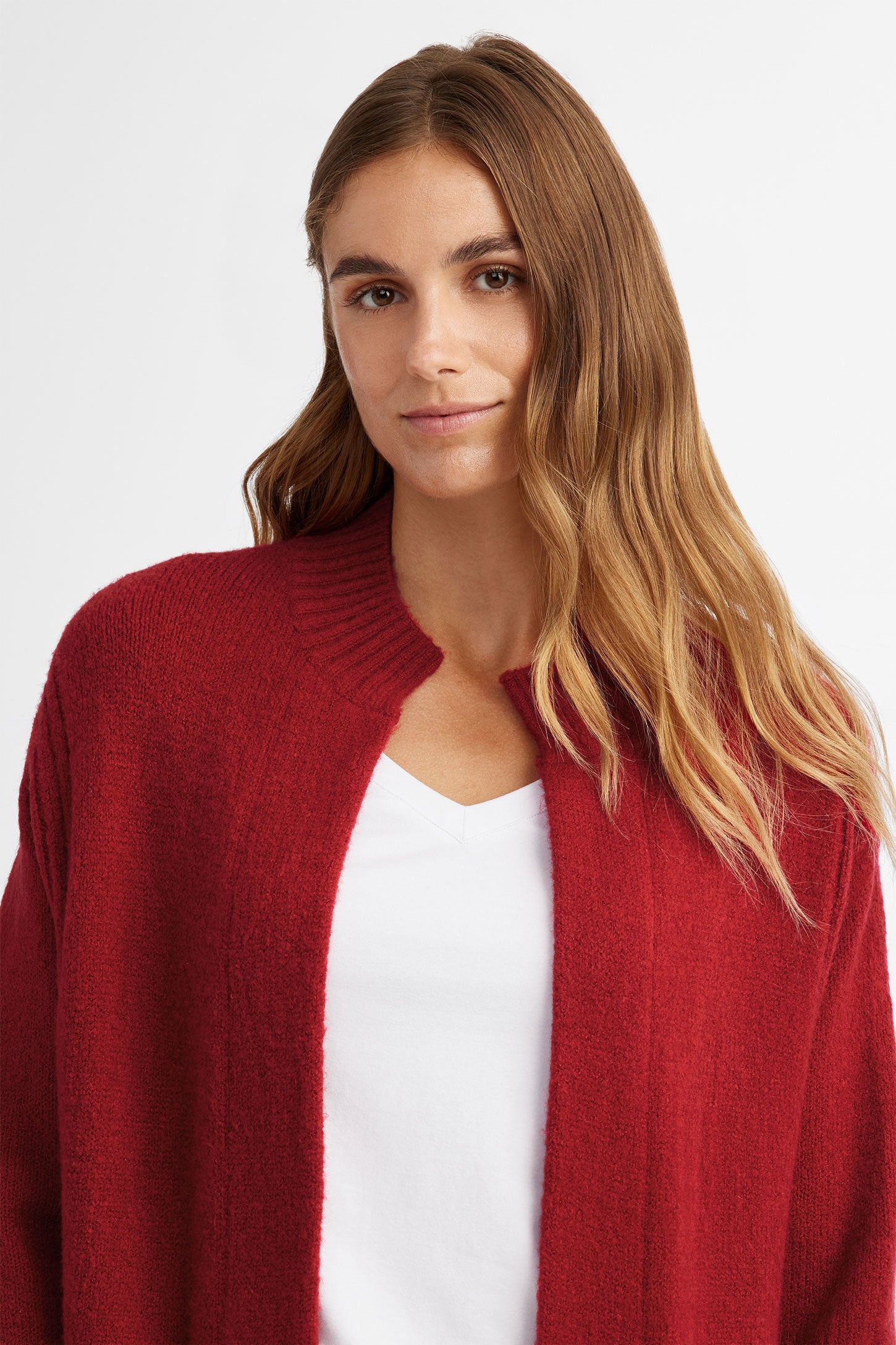 Cardigan long à carreaux en tricot, Chalet - Femme && ROUGE