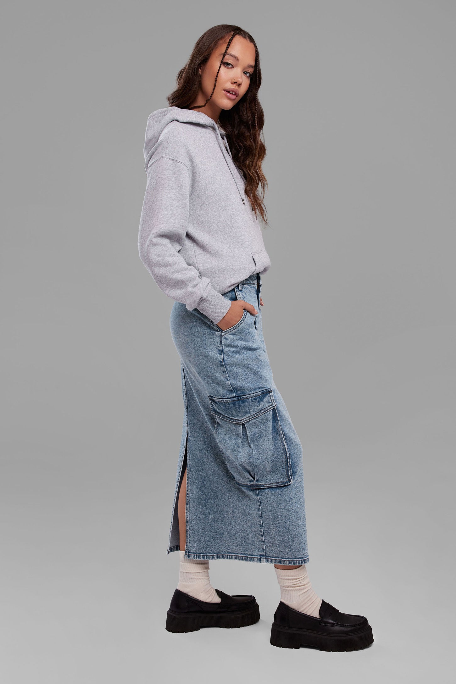 Jupe longue cargo en jeans - Femme && BLEU