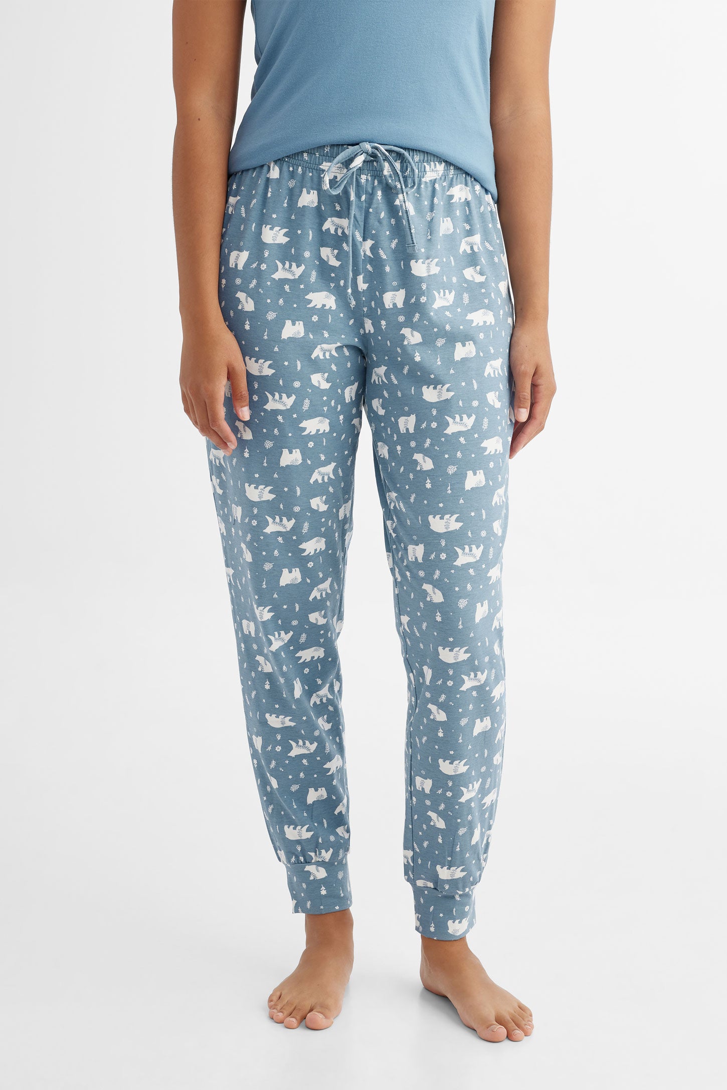 Pantalon pyjama imprimé en coton - Femme && COMBO BLEU