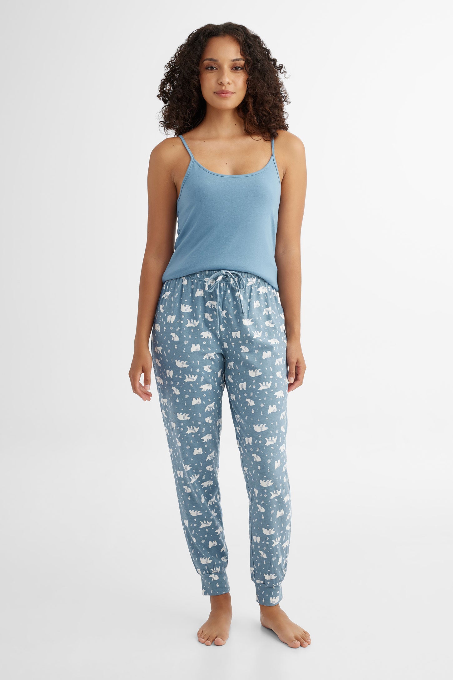 Pantalon pyjama imprimé en coton - Femme && COMBO BLEU