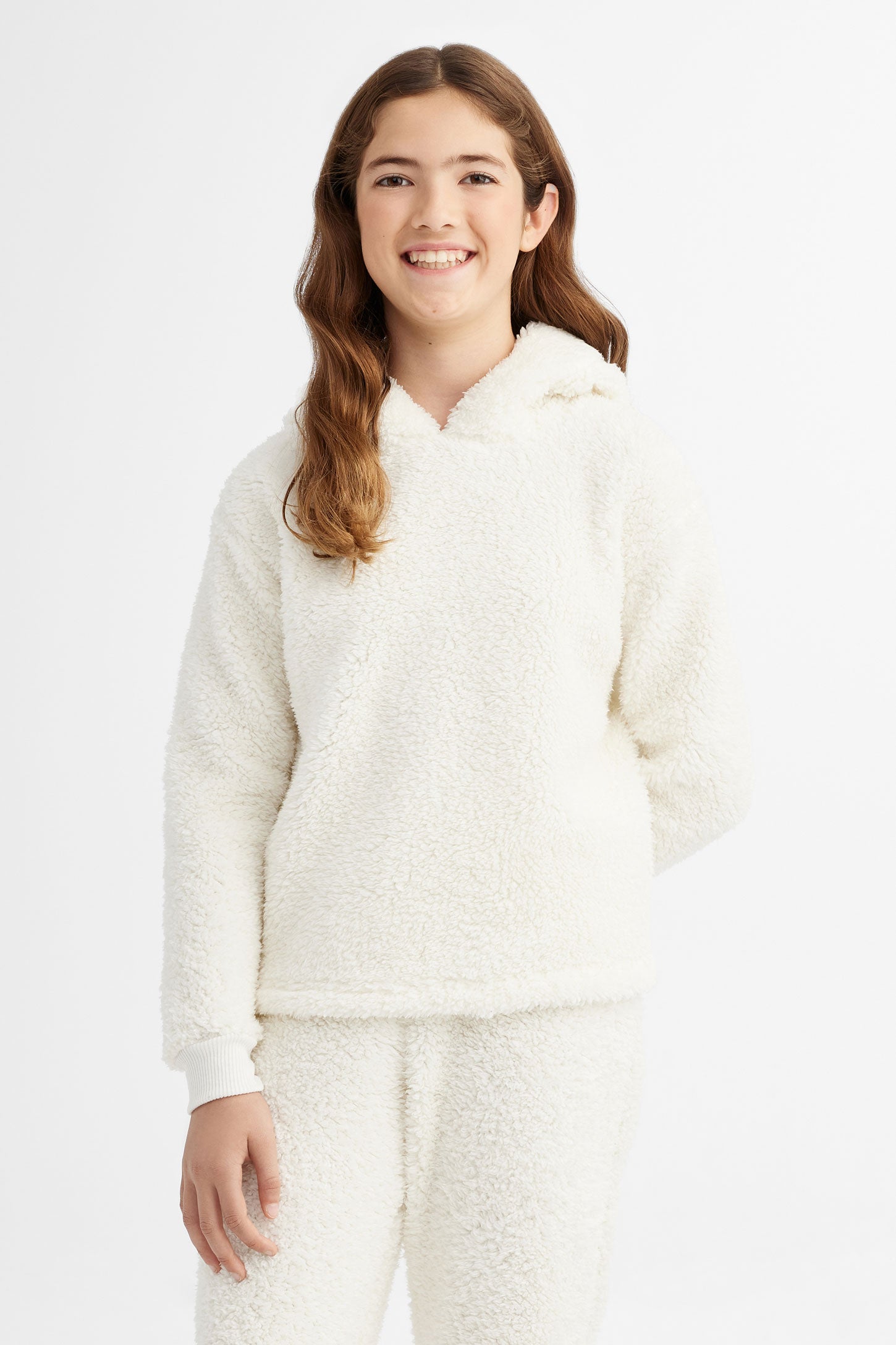 Chandail pyjama à capuchon avec oreilles sherpa - Ado fille && BLANC