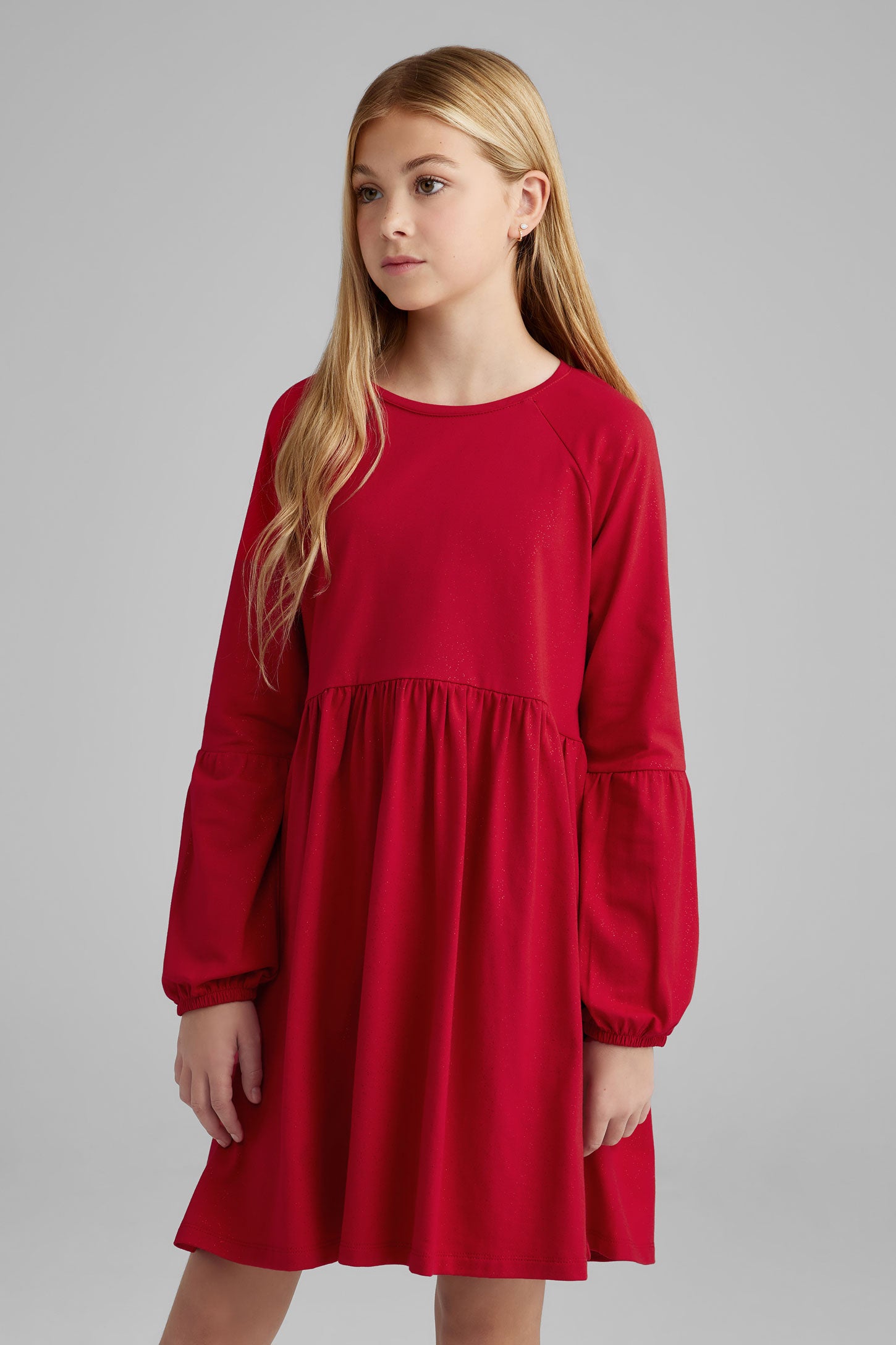 Robe manches longues bouffantes en coton - Ado fille && ROUGE