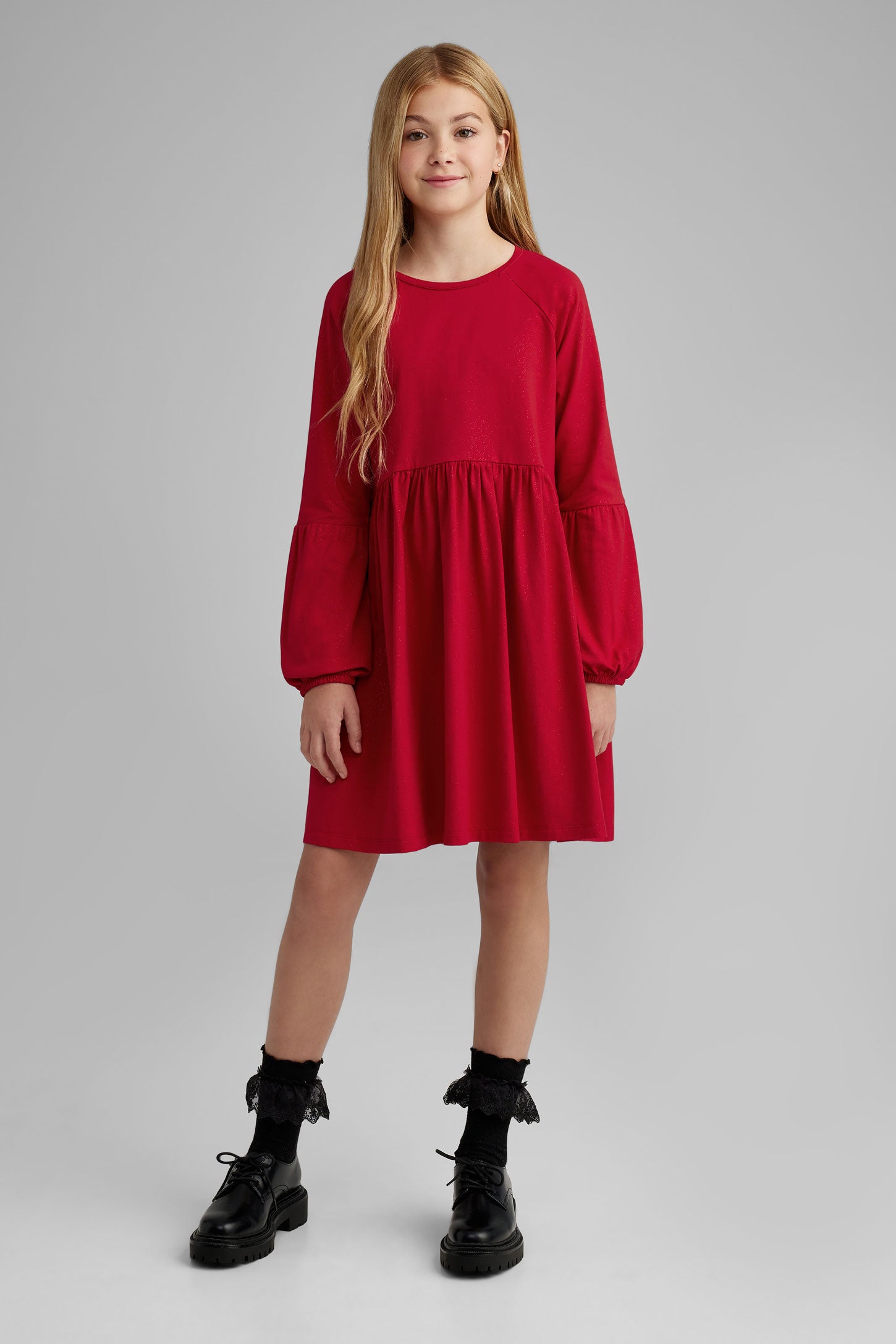 Robe manches longues bouffantes en coton - Ado fille && ROUGE