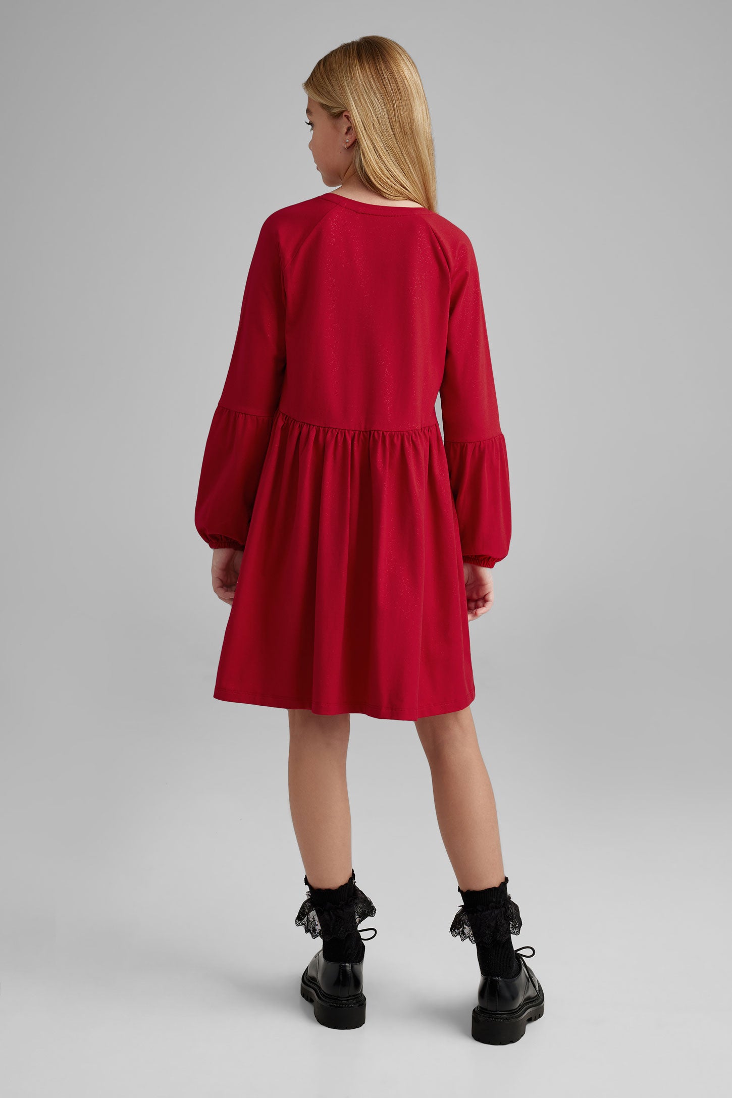 Robe manches longues bouffantes en coton - Ado fille && ROUGE