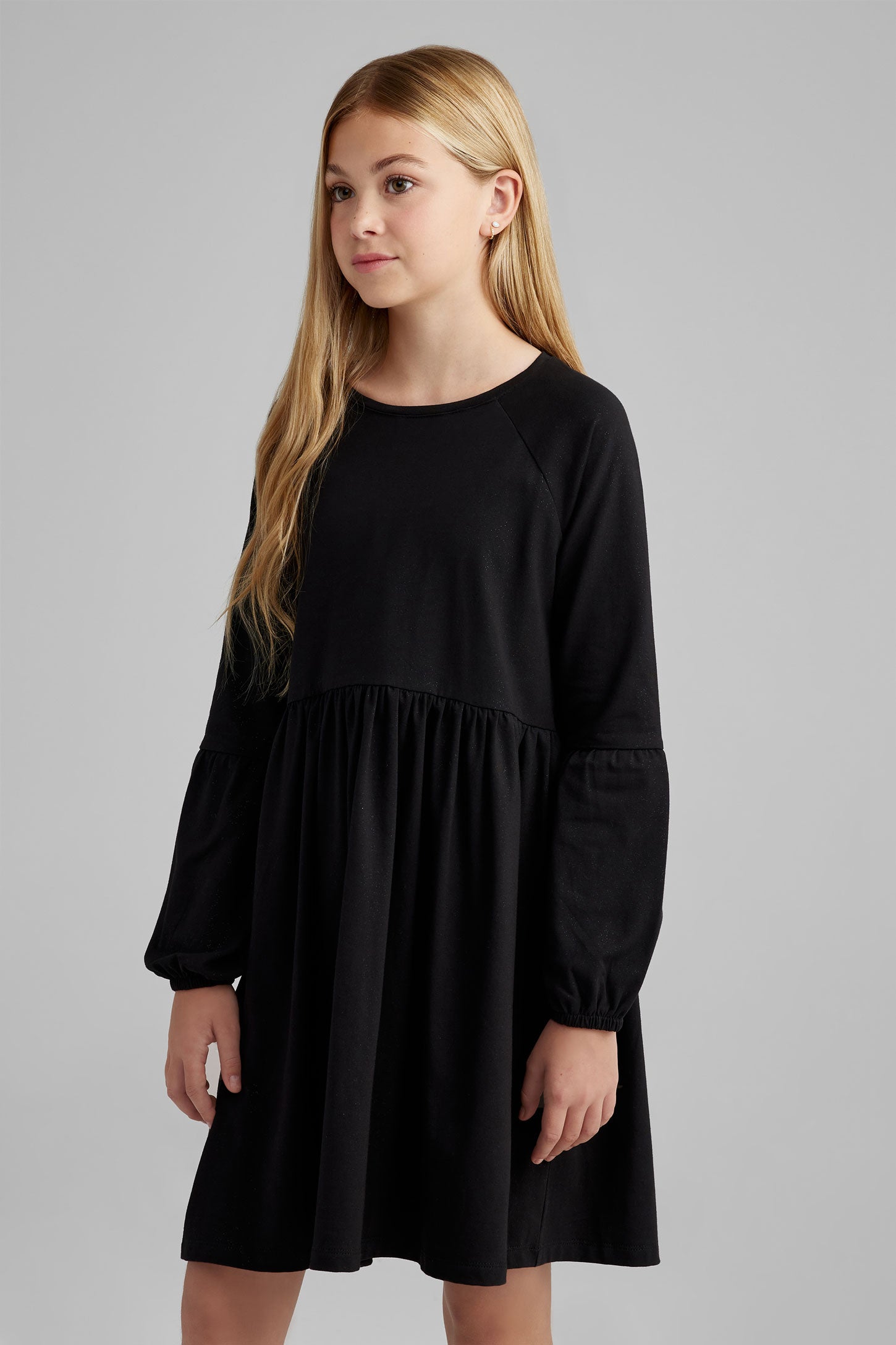 Robe manches longues bouffantes en coton - Ado fille && NOIR