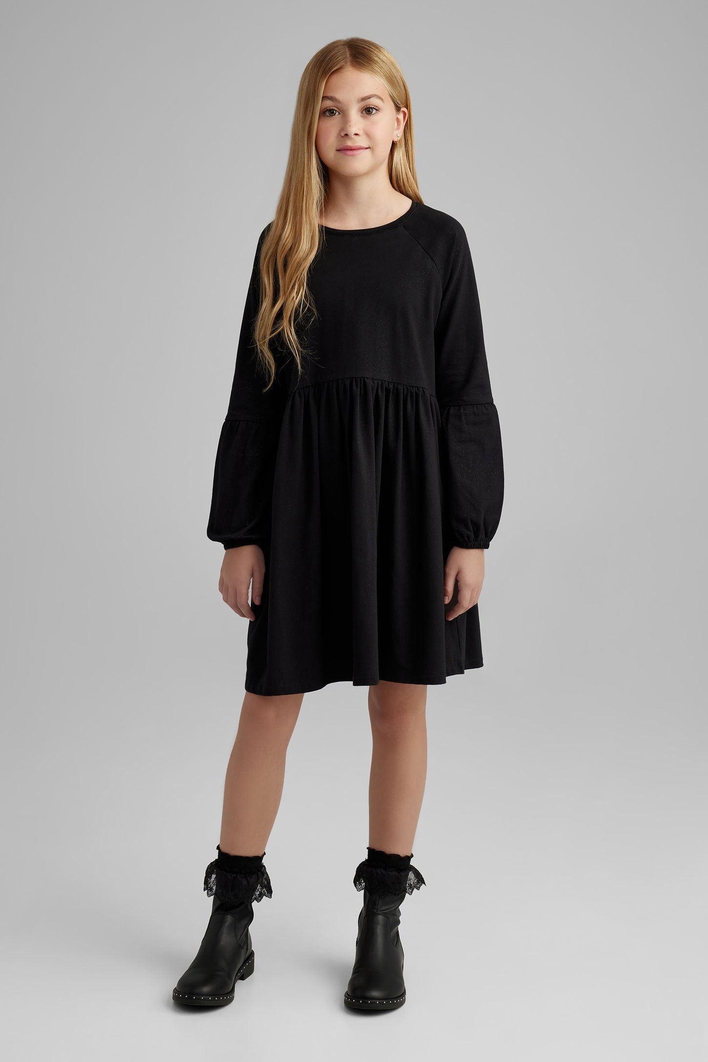 Robe manches longues bouffantes en coton - Ado fille && NOIR