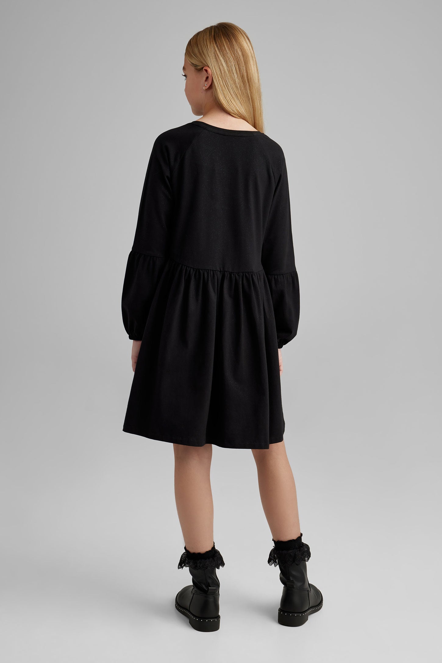 Robe manches longues bouffantes en coton - Ado fille && NOIR