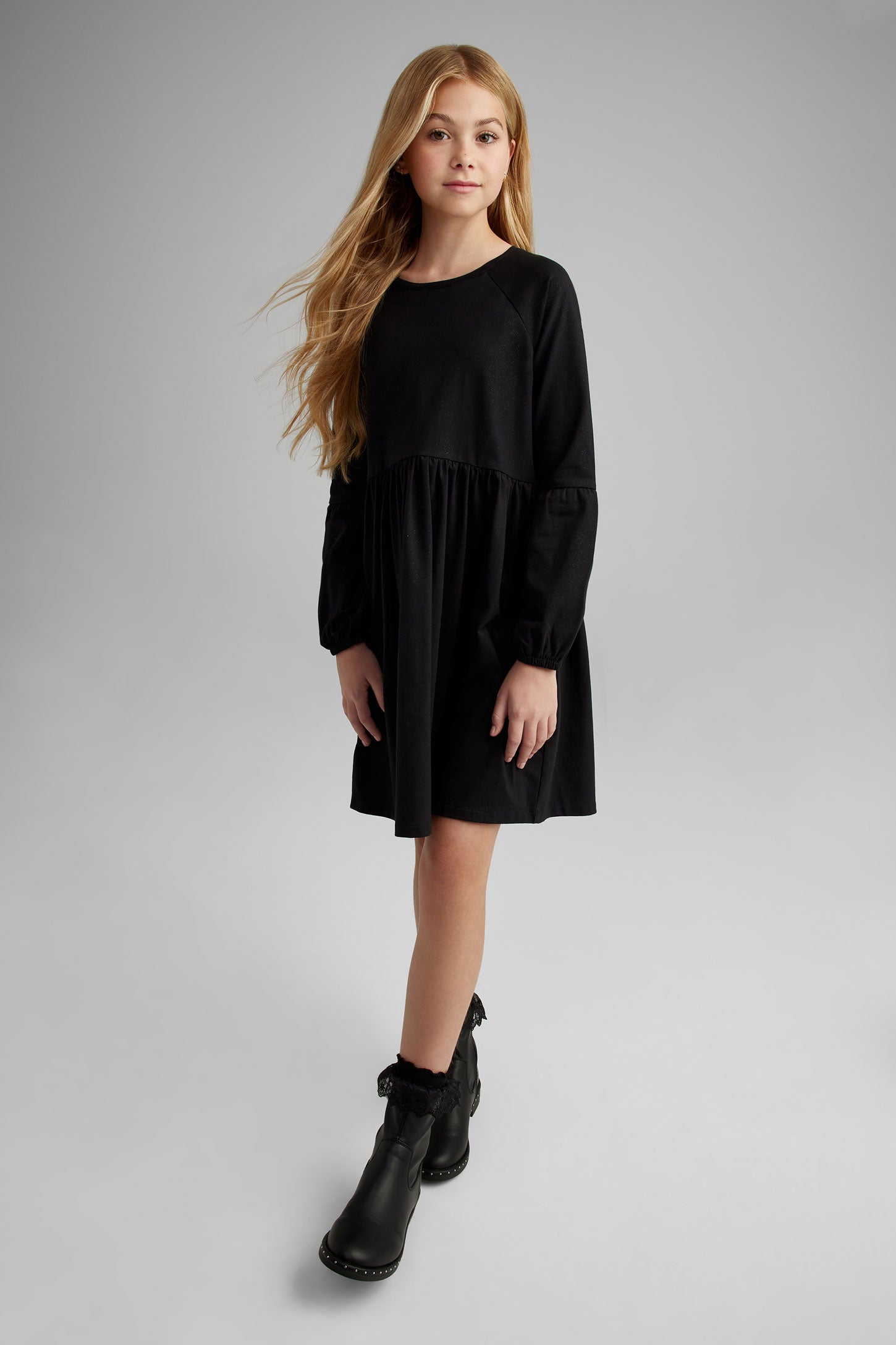 Robe manches longues bouffantes en coton - Ado fille && NOIR