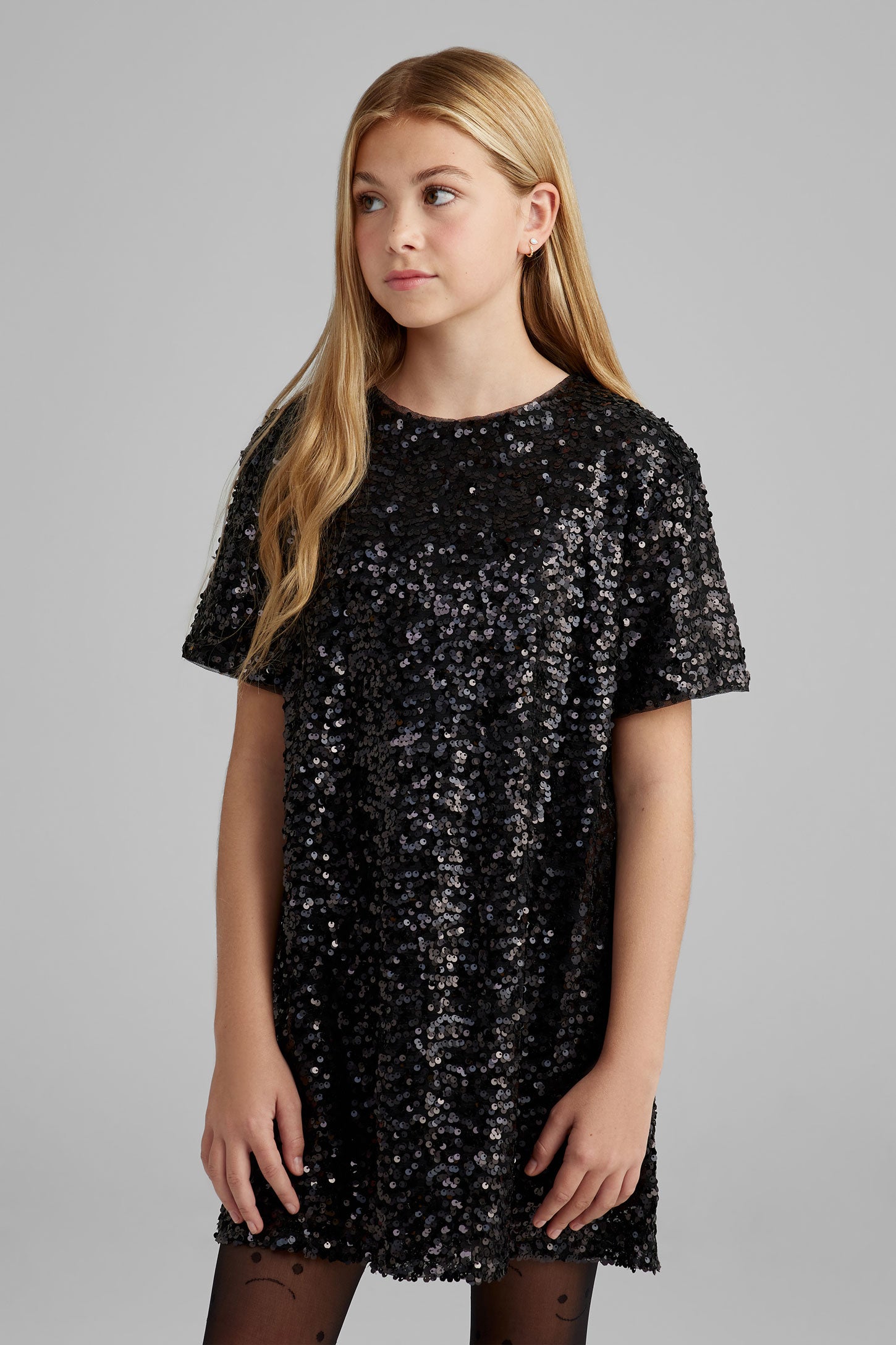 Robe manches courtes à paillettes - Ado fille && NOIR